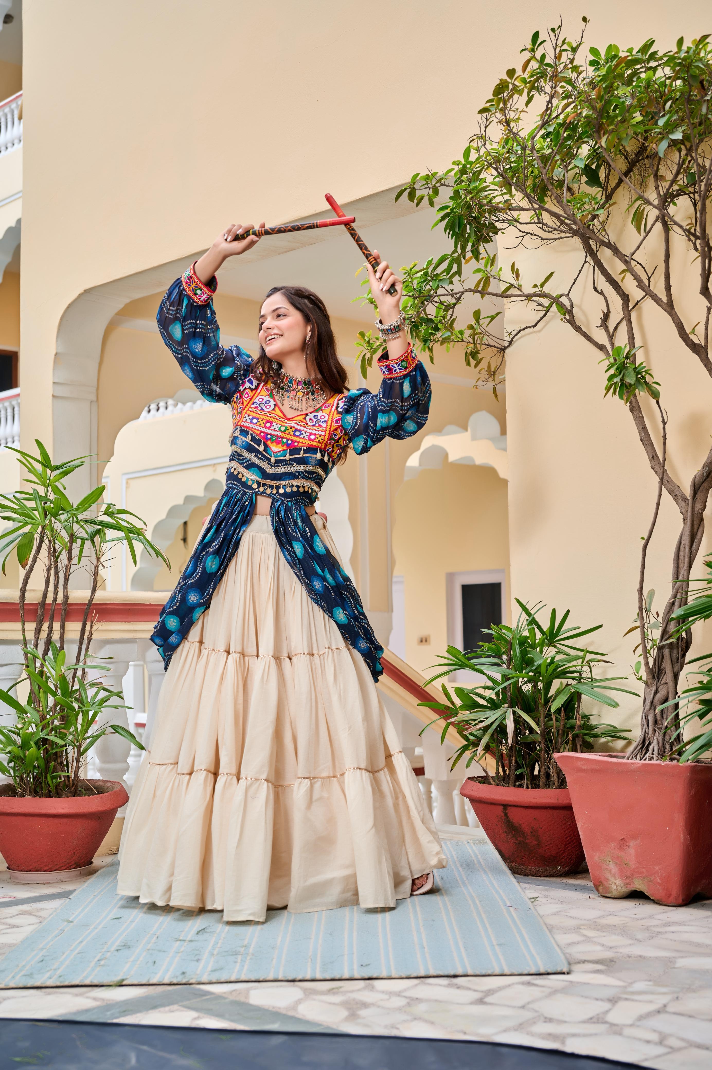 Blue Navratri Lehenga With Fancy Top With Gamthi Patch and Mirror Lace