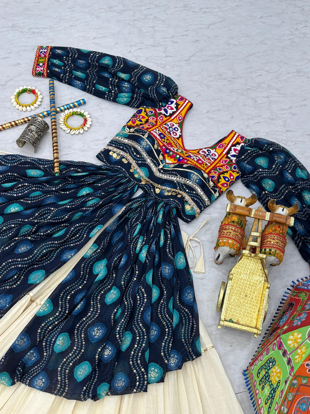 Blue Navratri Lehenga With Fancy Top With Gamthi Patch and Mirror Lace