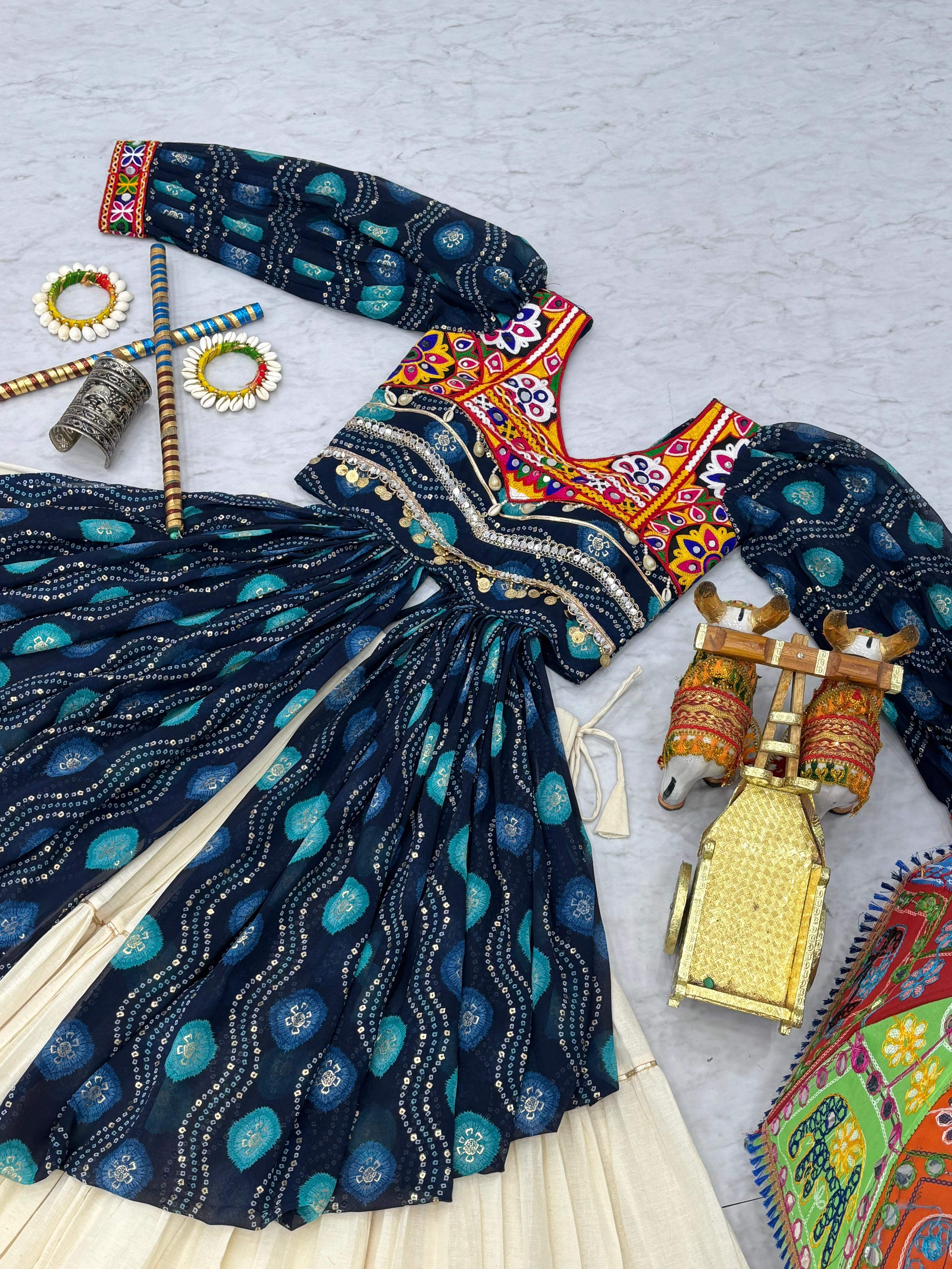 Blue Navratri Lehenga With Fancy Top With Gamthi Patch and Mirror Lace