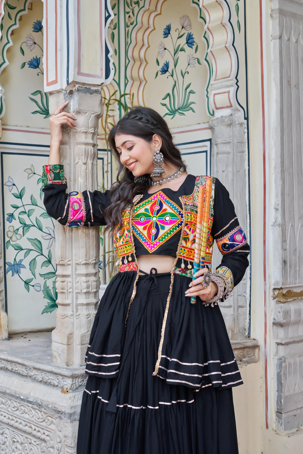 Black Gamthi Mirror Work Navratri Lehenga Set Cotton Perfect for Garba Nights