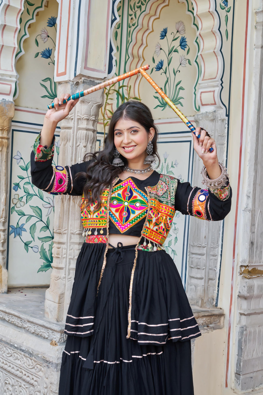 Black Gamthi Mirror Work Navratri Lehenga Set Cotton Perfect for Garba Nights