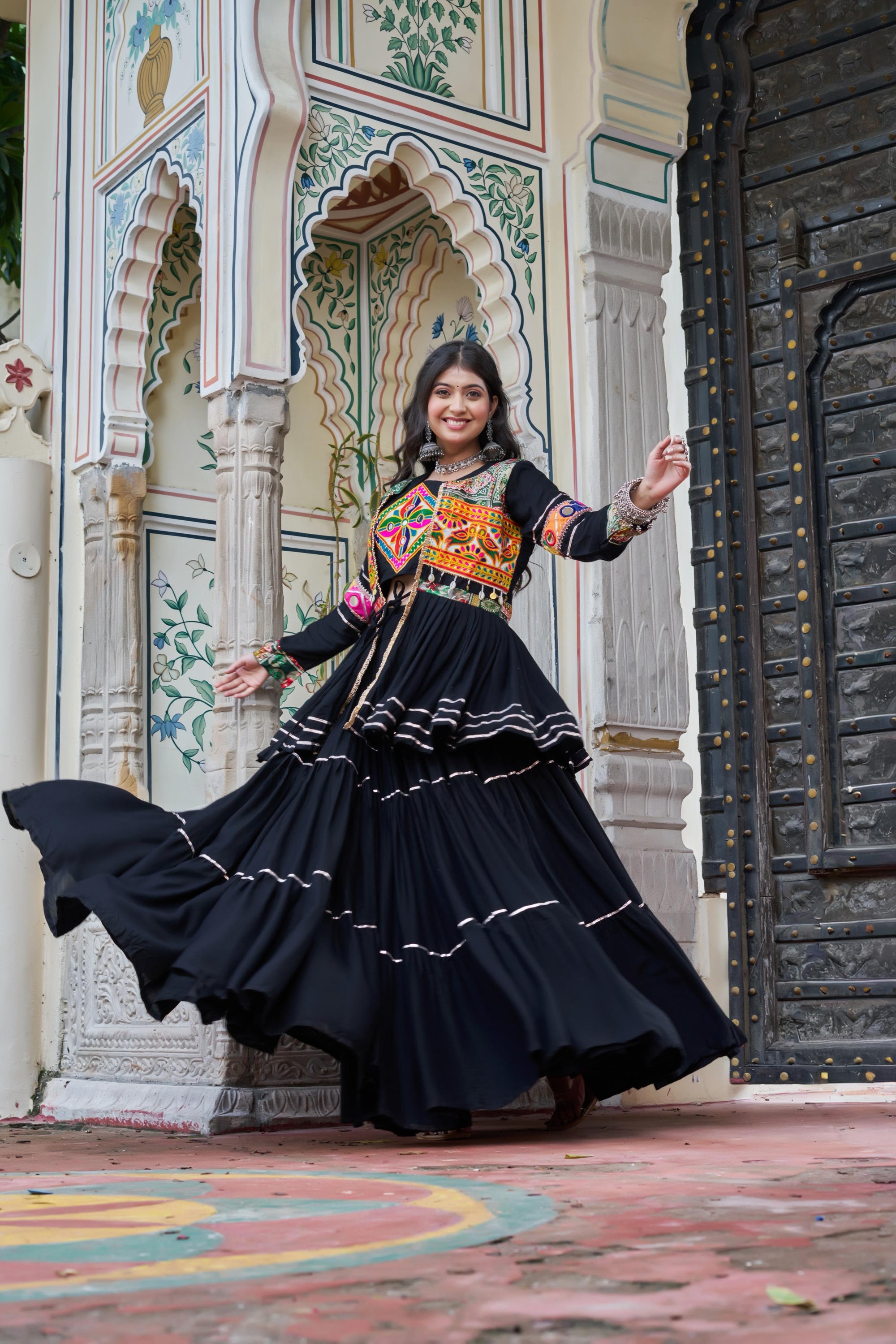 Black Gamthi Mirror Work Navratri Lehenga Set Cotton Perfect for Garba Nights