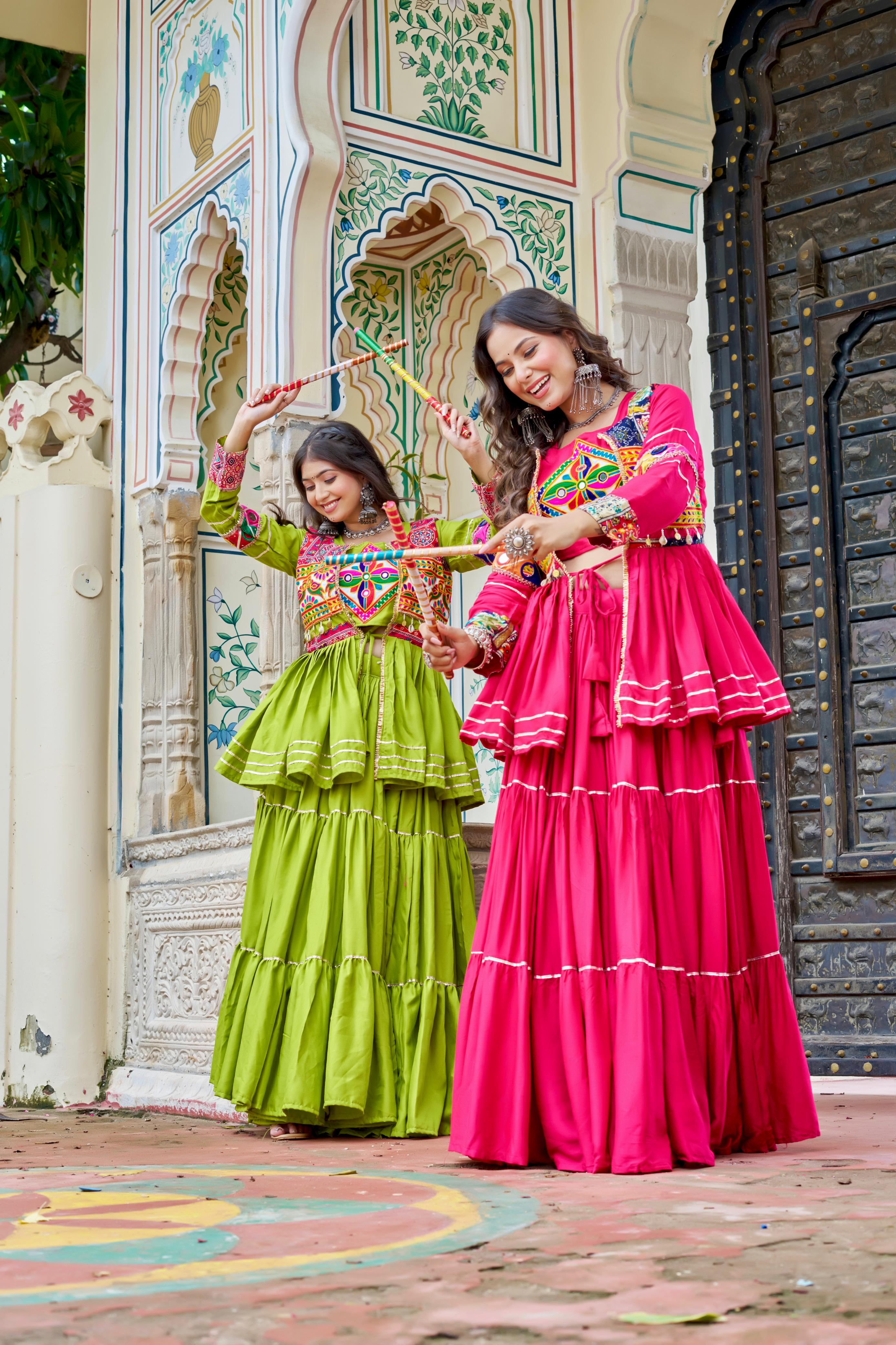 Parrot Color Gamthi Mirror Work Navratri Lehenga Set Cotton Perfect for Garba Nights