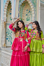 Parrot Color Gamthi Mirror Work Navratri Lehenga Set Cotton Perfect for Garba Nights