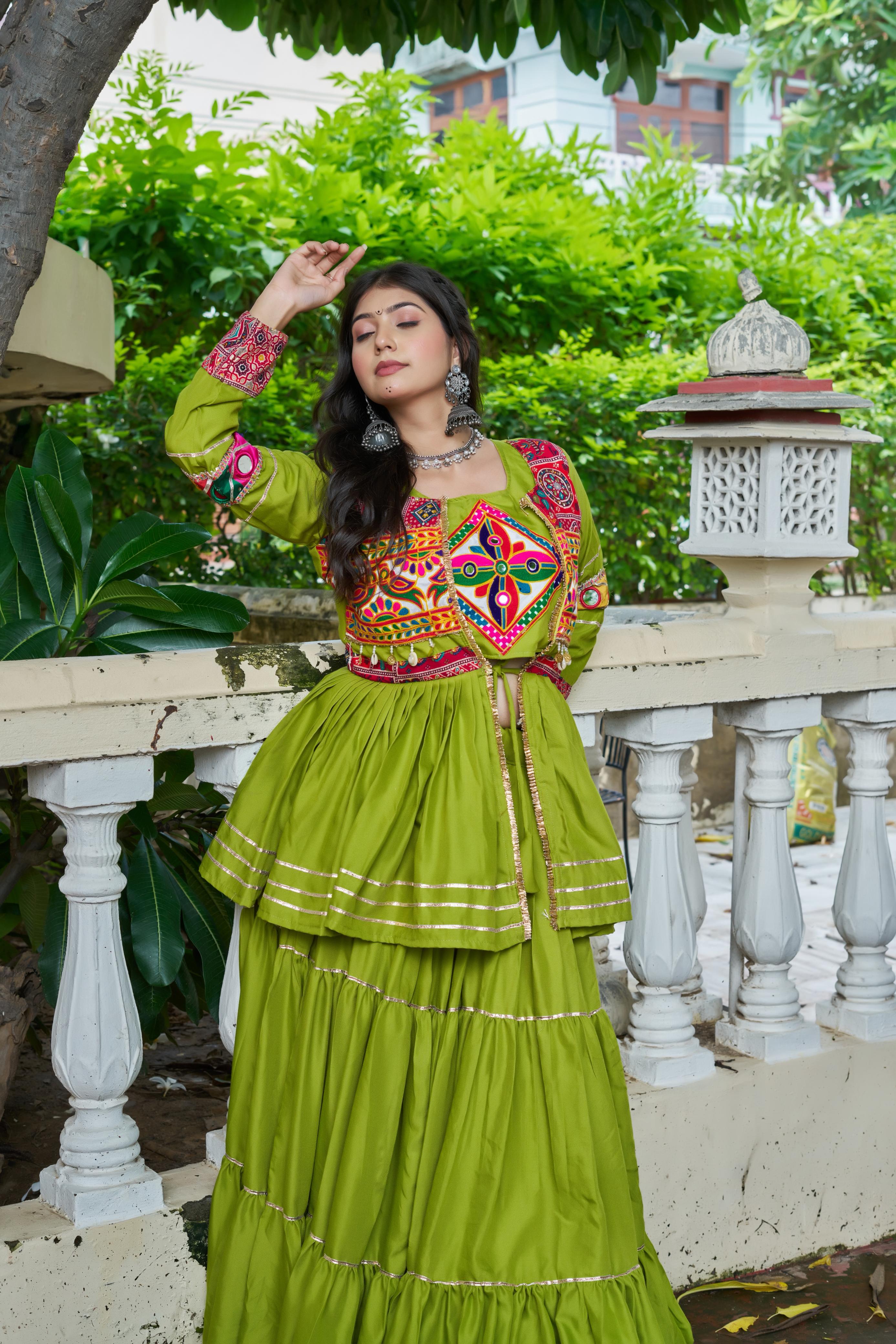 Parrot Color Gamthi Mirror Work Navratri Lehenga Set Cotton Perfect for Garba Nights