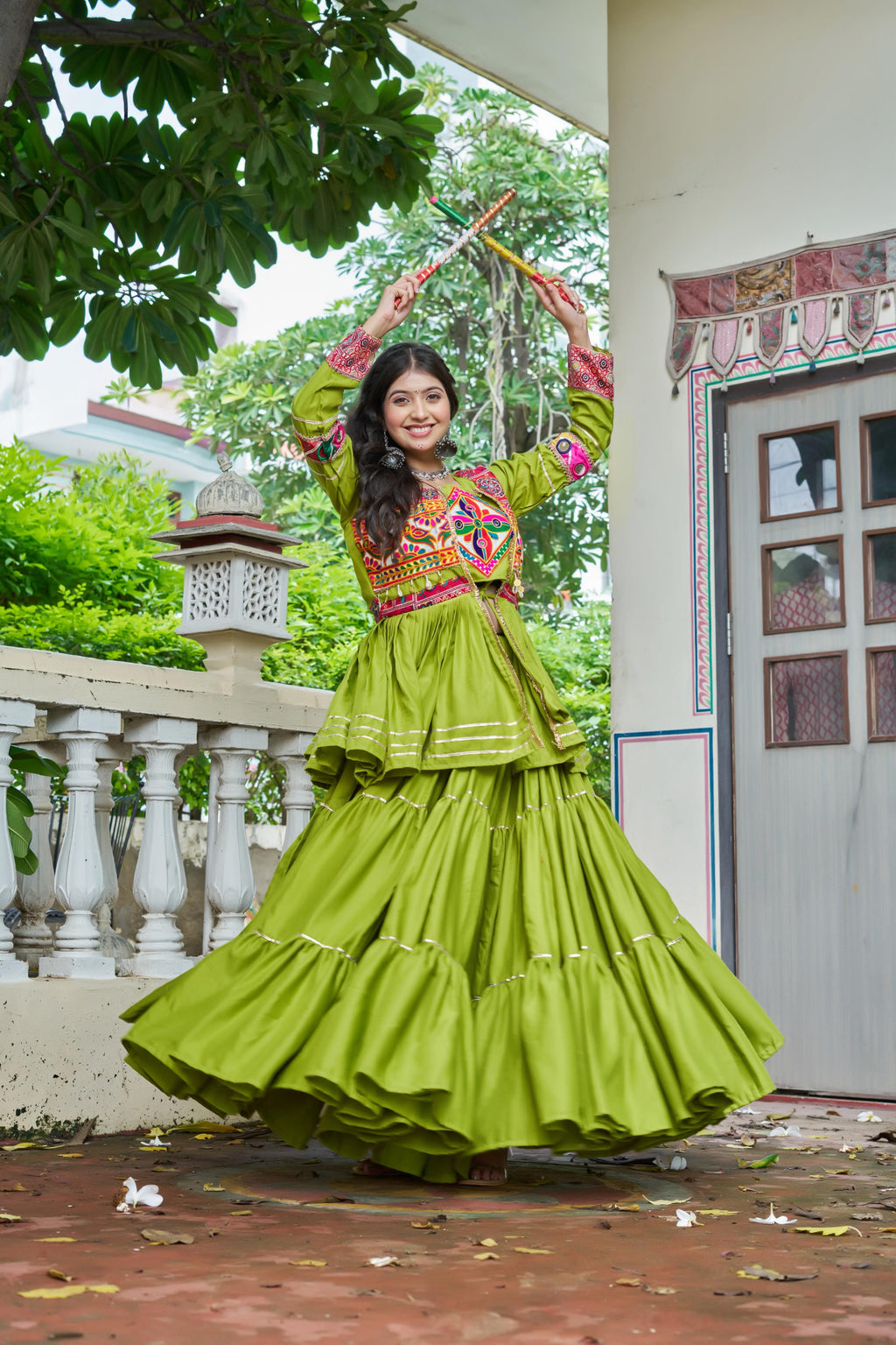 Parrot Color Gamthi Mirror Work Navratri Lehenga Set Cotton Perfect for Garba Nights
