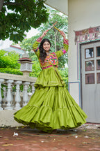Parrot Color Gamthi Mirror Work Navratri Lehenga Set Cotton Perfect for Garba Nights