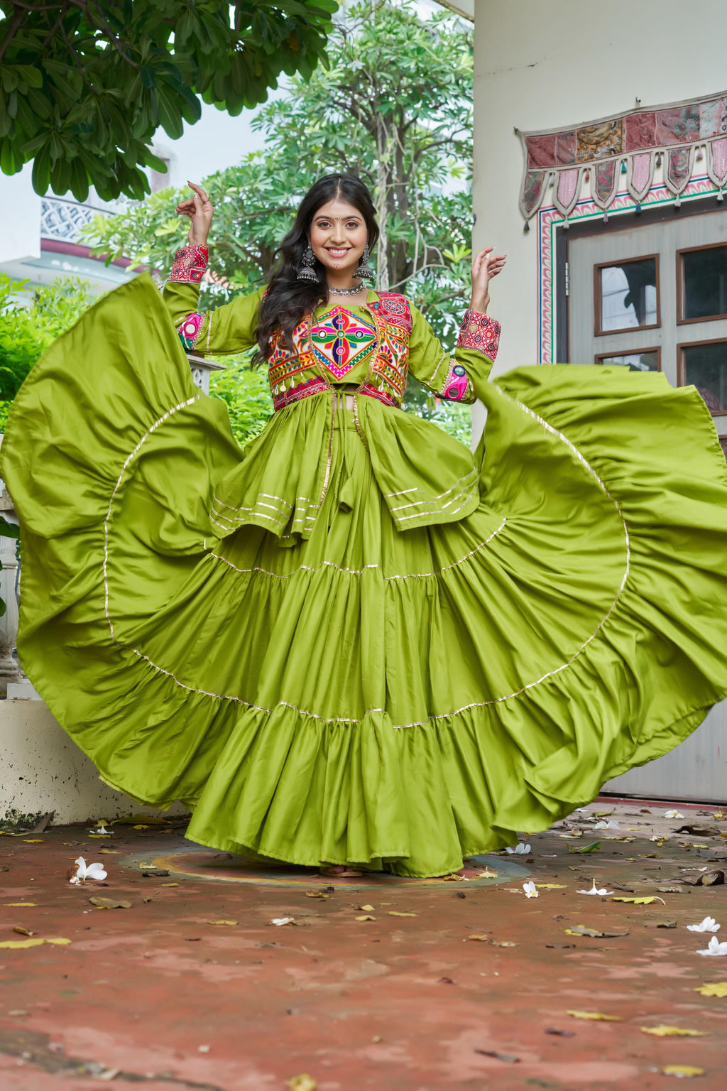 Parrot Color Gamthi Mirror Work Navratri Lehenga Set Cotton Perfect for Garba Nights