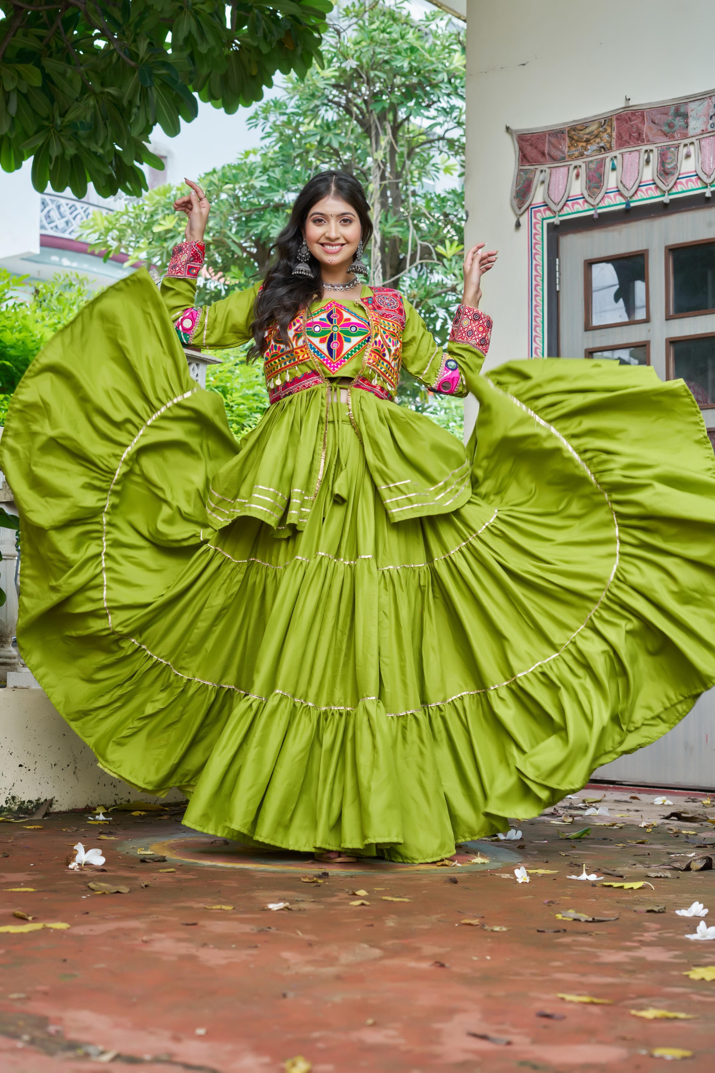 Parrot Color Gamthi Mirror Work Navratri Lehenga Set Cotton Perfect for Garba Nights