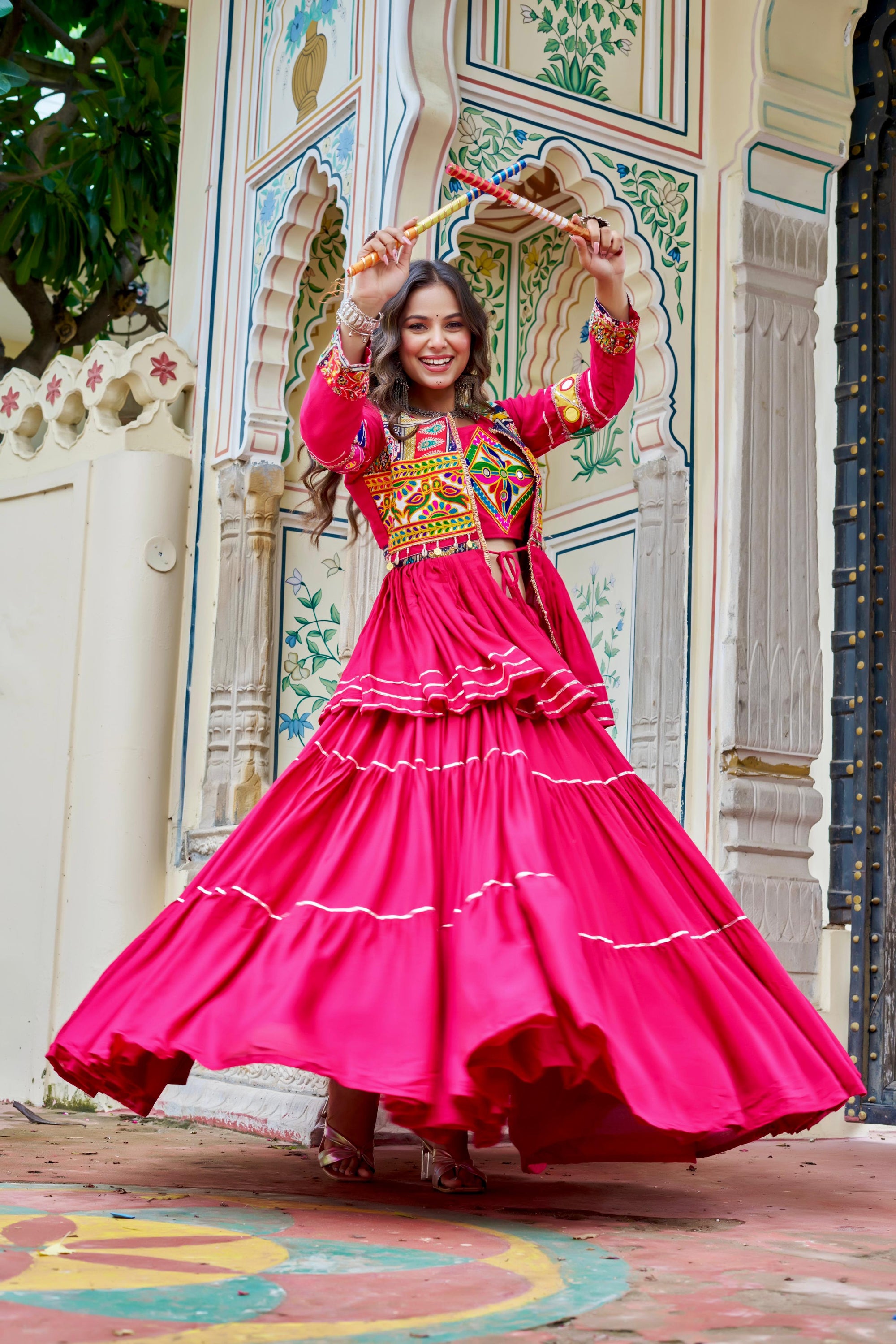 Pink Color Gamthi Mirror Work Navratri Lehenga Set Cotton Perfect for Garba Nights