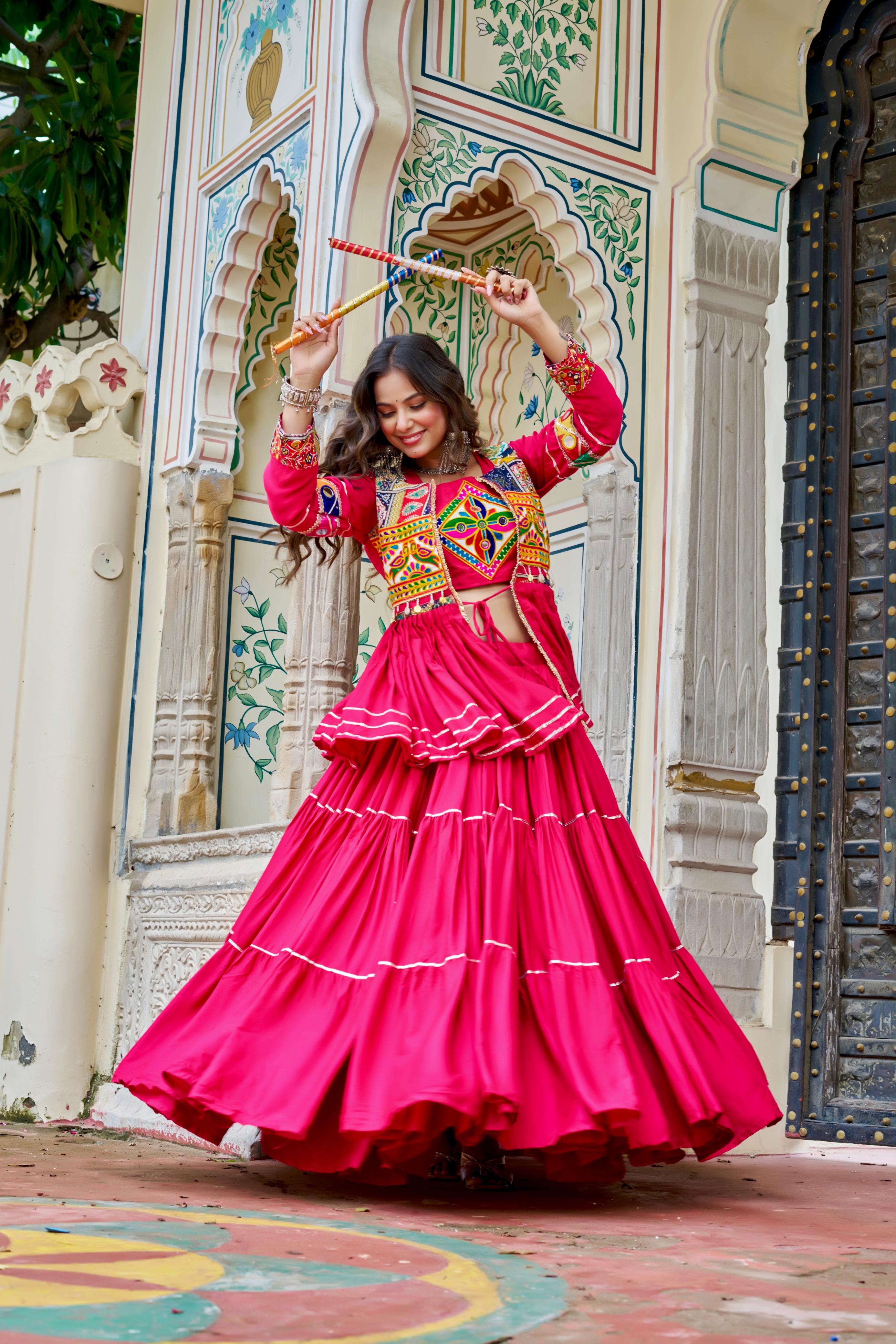 Pink Color Gamthi Mirror Work Navratri Lehenga Set Cotton Perfect for Garba Nights
