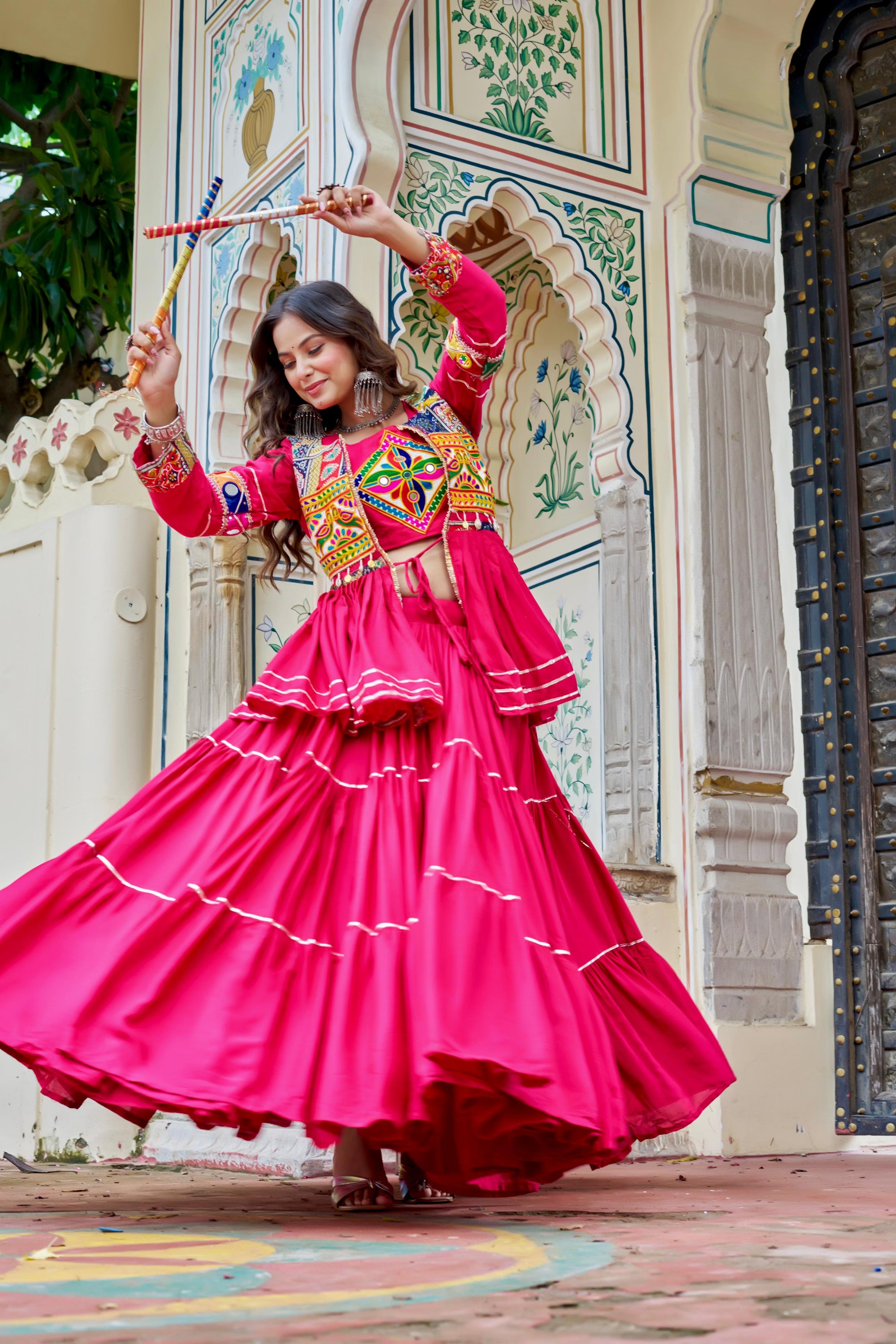 Pink Color Gamthi Mirror Work Navratri Lehenga Set Cotton Perfect for Garba Nights