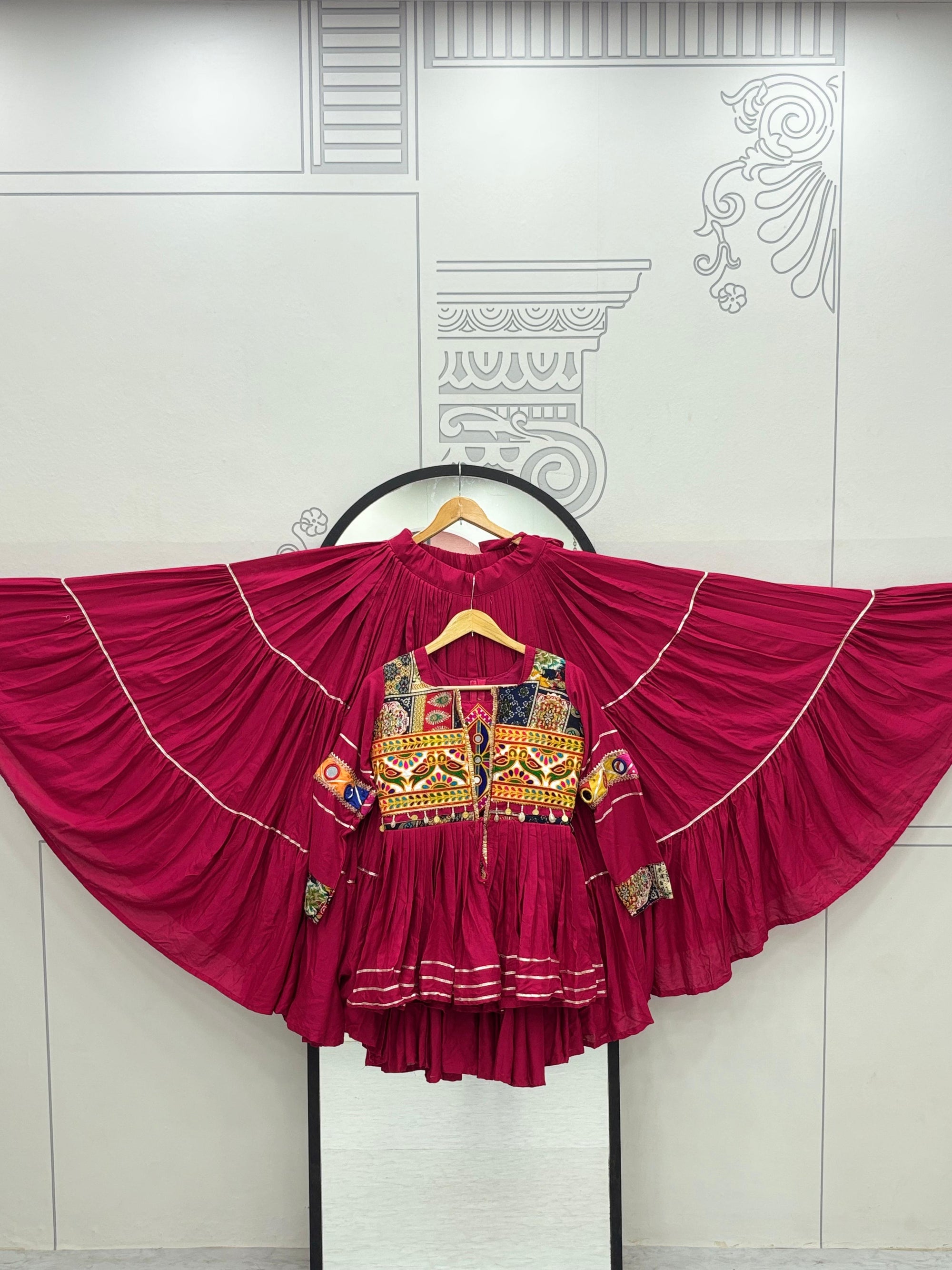 Pink Color Gamthi Mirror Work Navratri Lehenga Set Cotton Perfect for Garba Nights