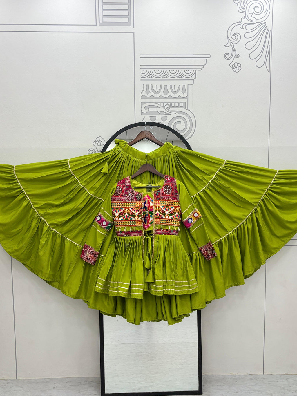 Parrot Color Gamthi Mirror Work Navratri Lehenga Set Cotton Perfect for Garba Nights