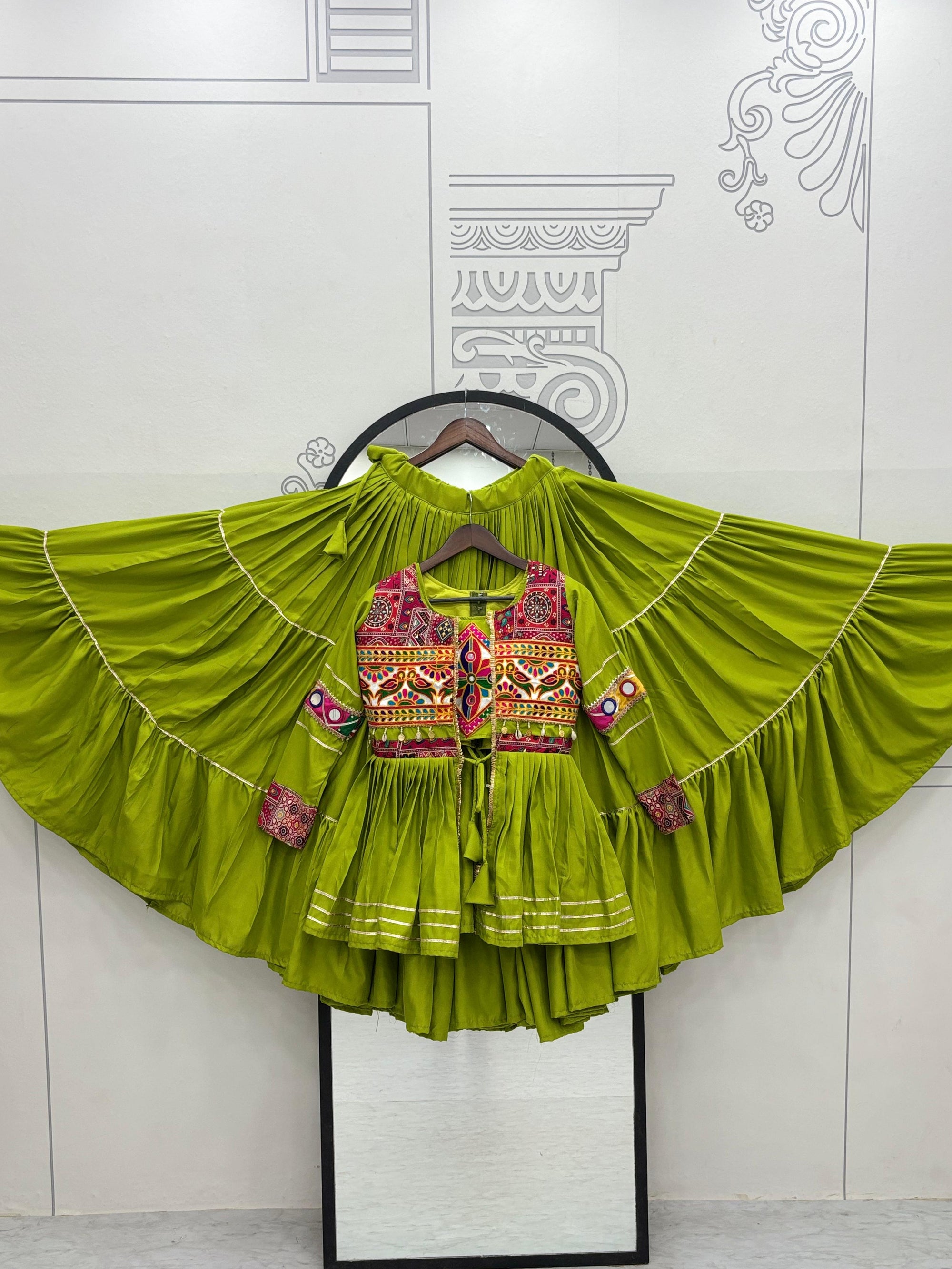 Parrot Color Gamthi Mirror Work Navratri Lehenga Set Cotton Perfect for Garba Nights