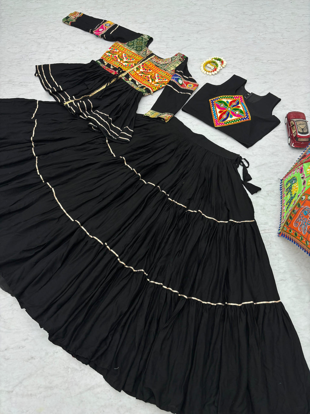 Black Gamthi Mirror Work Navratri Lehenga Set Cotton Perfect for Garba Nights