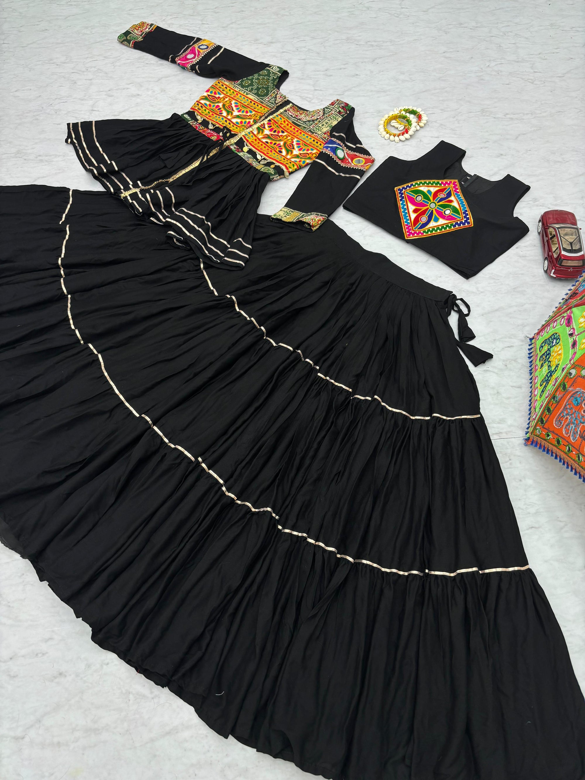 Black Gamthi Mirror Work Navratri Lehenga Set Cotton Perfect for Garba Nights