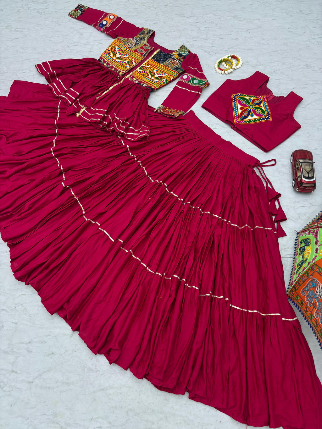 Pink Color Gamthi Mirror Work Navratri Lehenga Set Cotton Perfect for Garba Nights