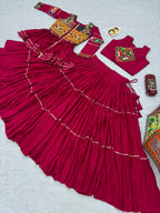 Pink Color Gamthi Mirror Work Navratri Lehenga Set Cotton Perfect for Garba Nights