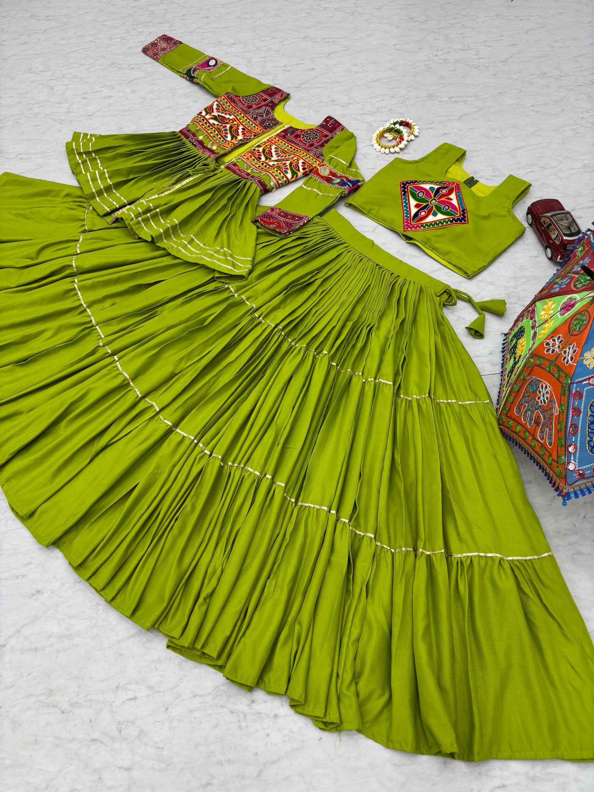 Parrot Color Gamthi Mirror Work Navratri Lehenga Set Cotton Perfect for Garba Nights