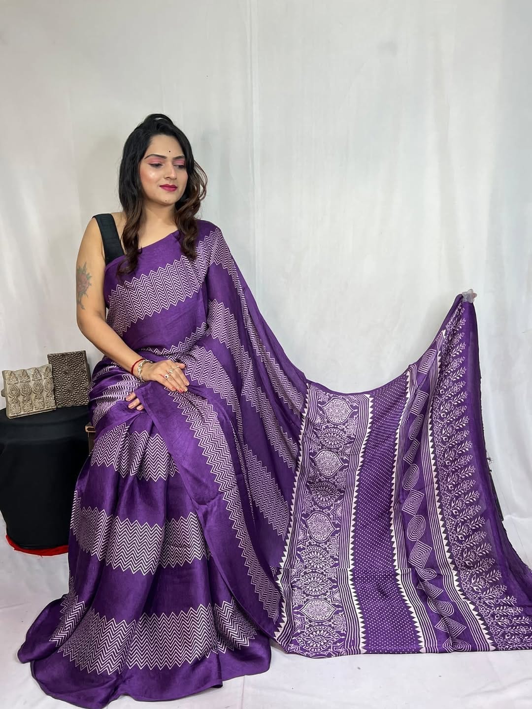 Purpal Ajrakh Primum Modal Silk Saree With Blouse