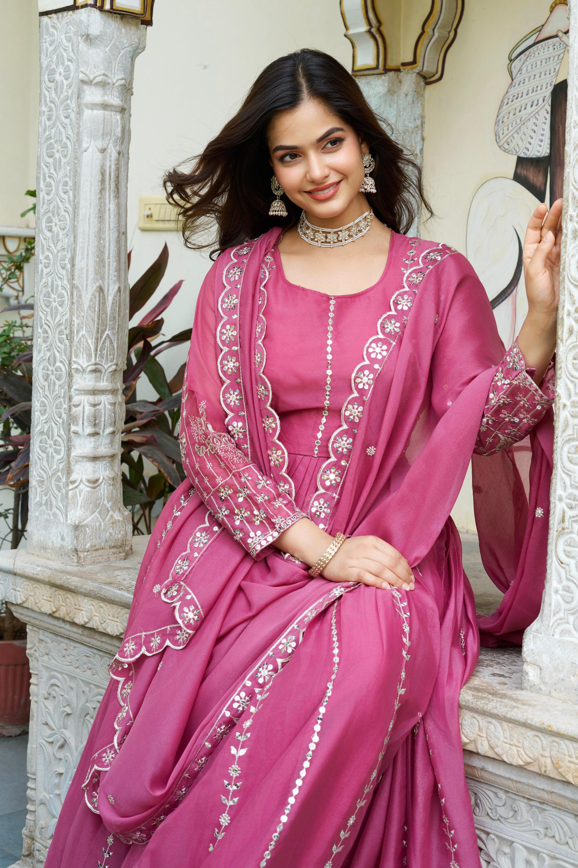 Pink Star Georgette Designer Gown with Dupatta