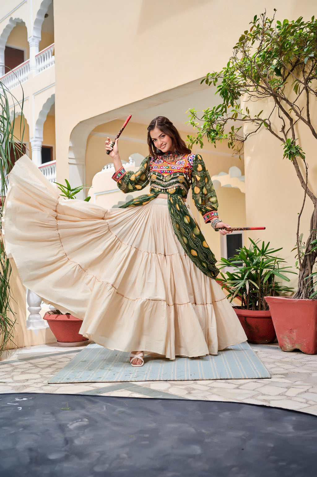Green Navratri Lehenga With Fancy Top With Gamthi Patch and Mirror Lace