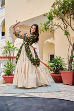 Green Navratri Lehenga With Fancy Top With Gamthi Patch and Mirror Lace