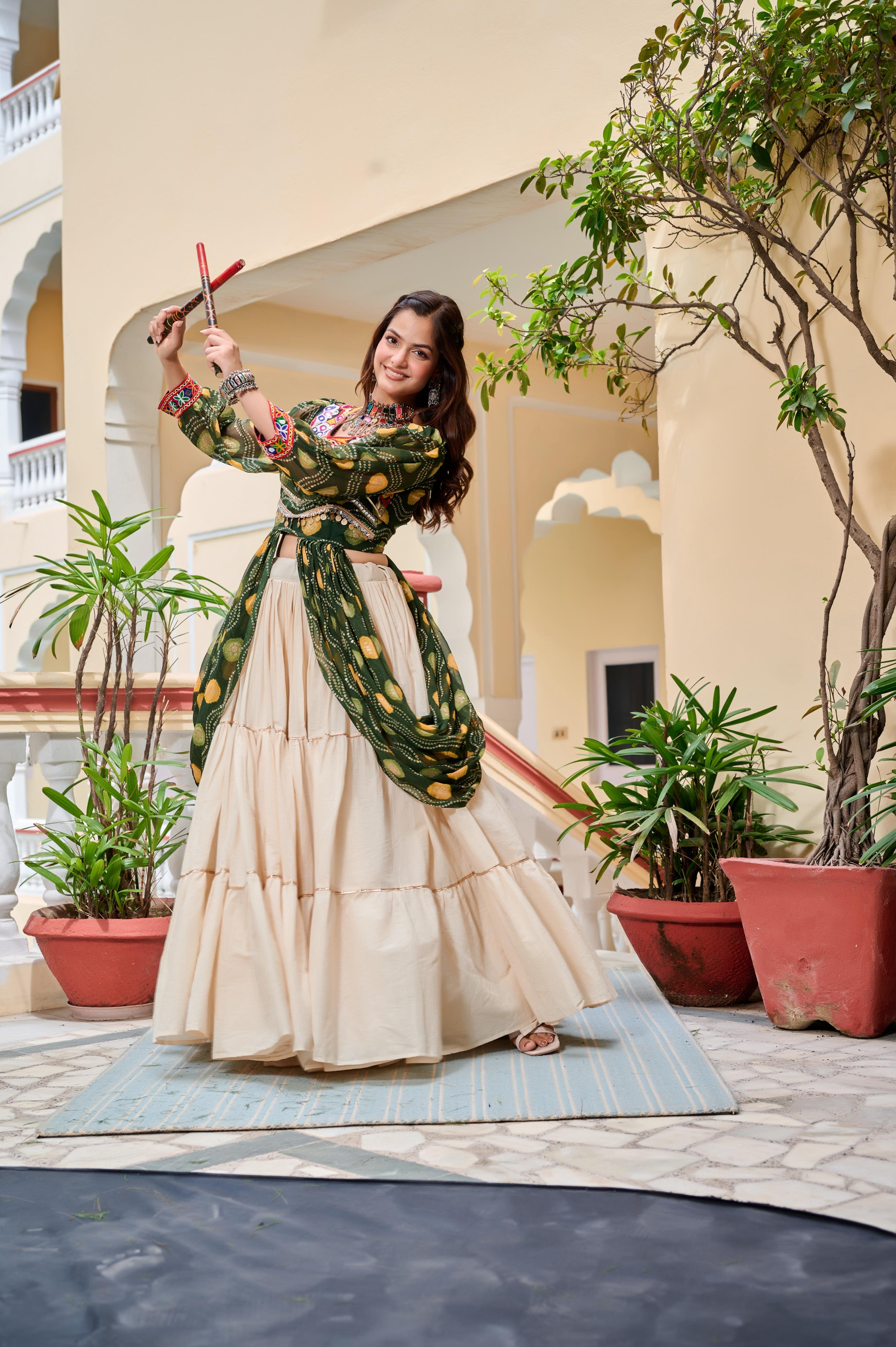 Green Navratri Lehenga With Fancy Top With Gamthi Patch and Mirror Lace