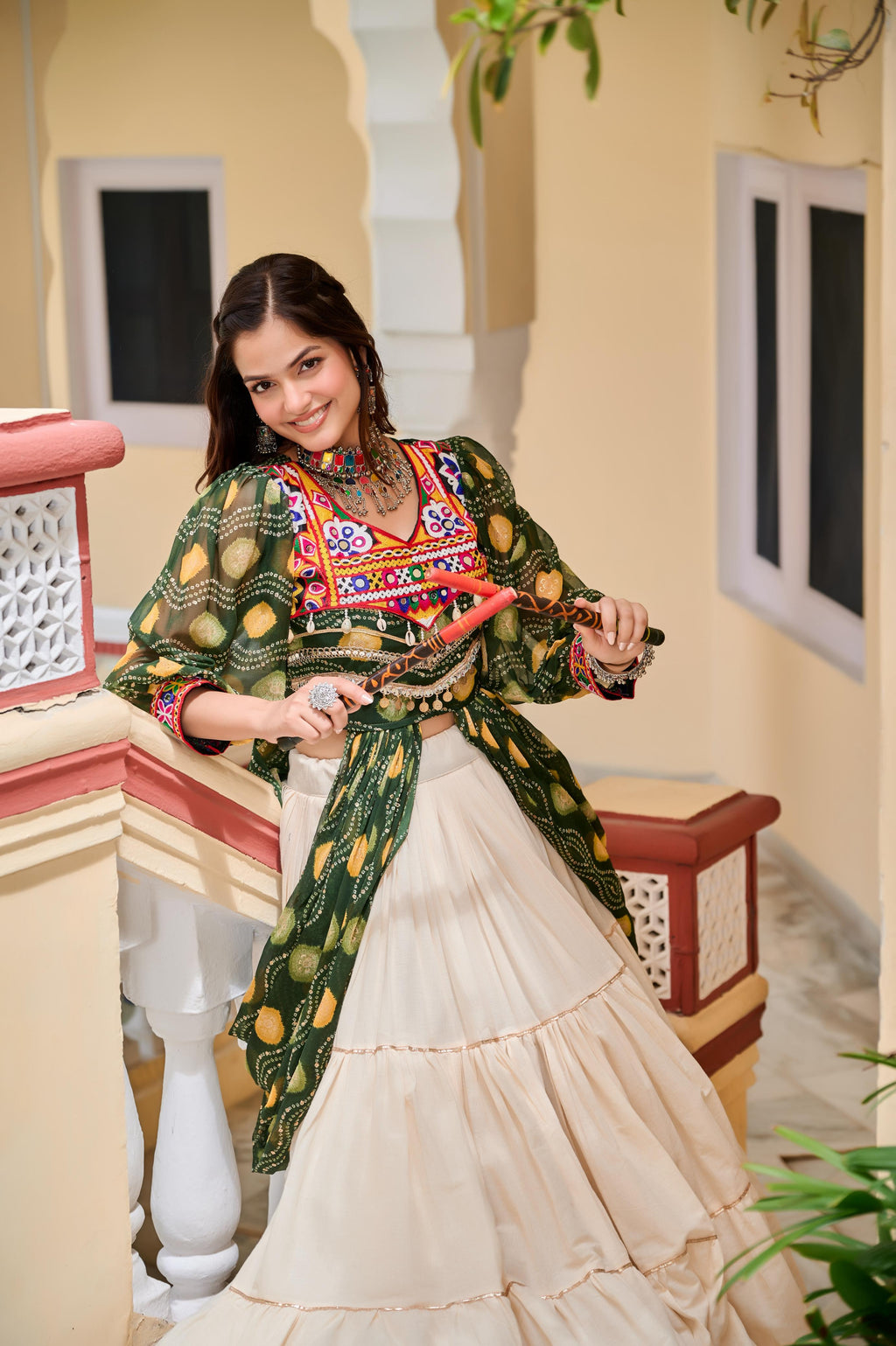 Green Navratri Lehenga With Fancy Top With Gamthi Patch and Mirror Lace