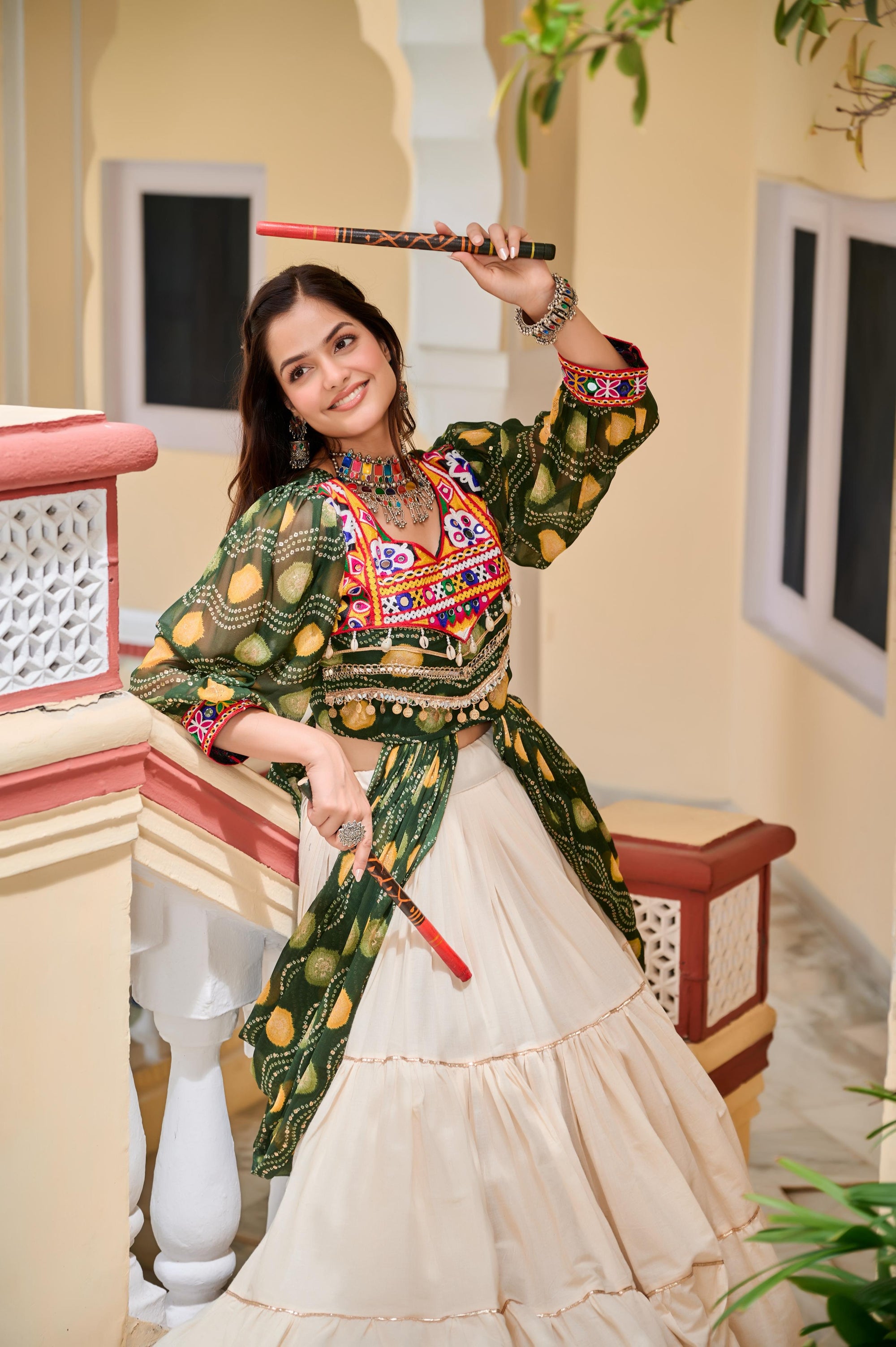 Green Navratri Lehenga With Fancy Top With Gamthi Patch and Mirror Lace