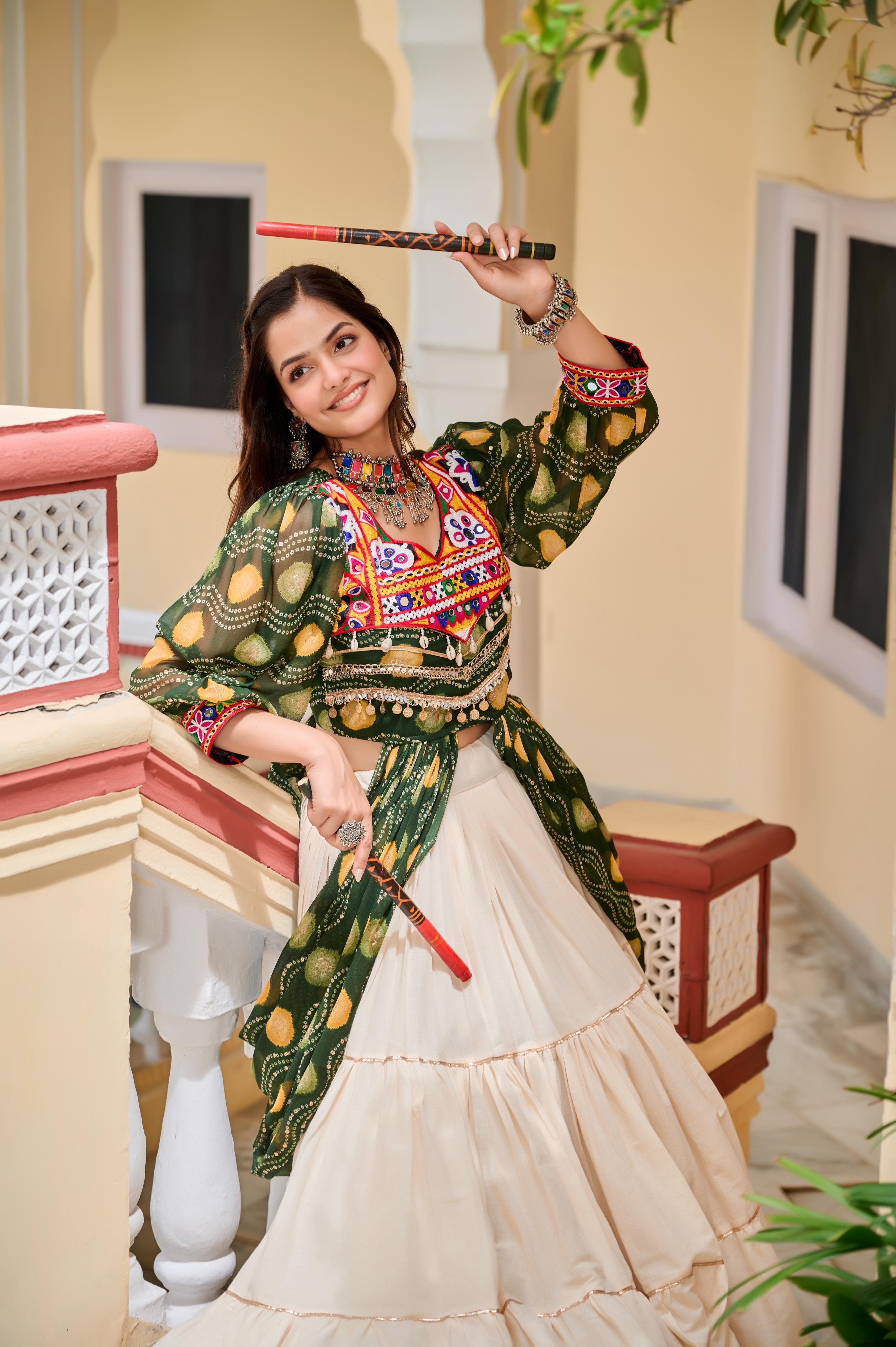 Green Navratri Lehenga With Fancy Top With Gamthi Patch and Mirror Lace
