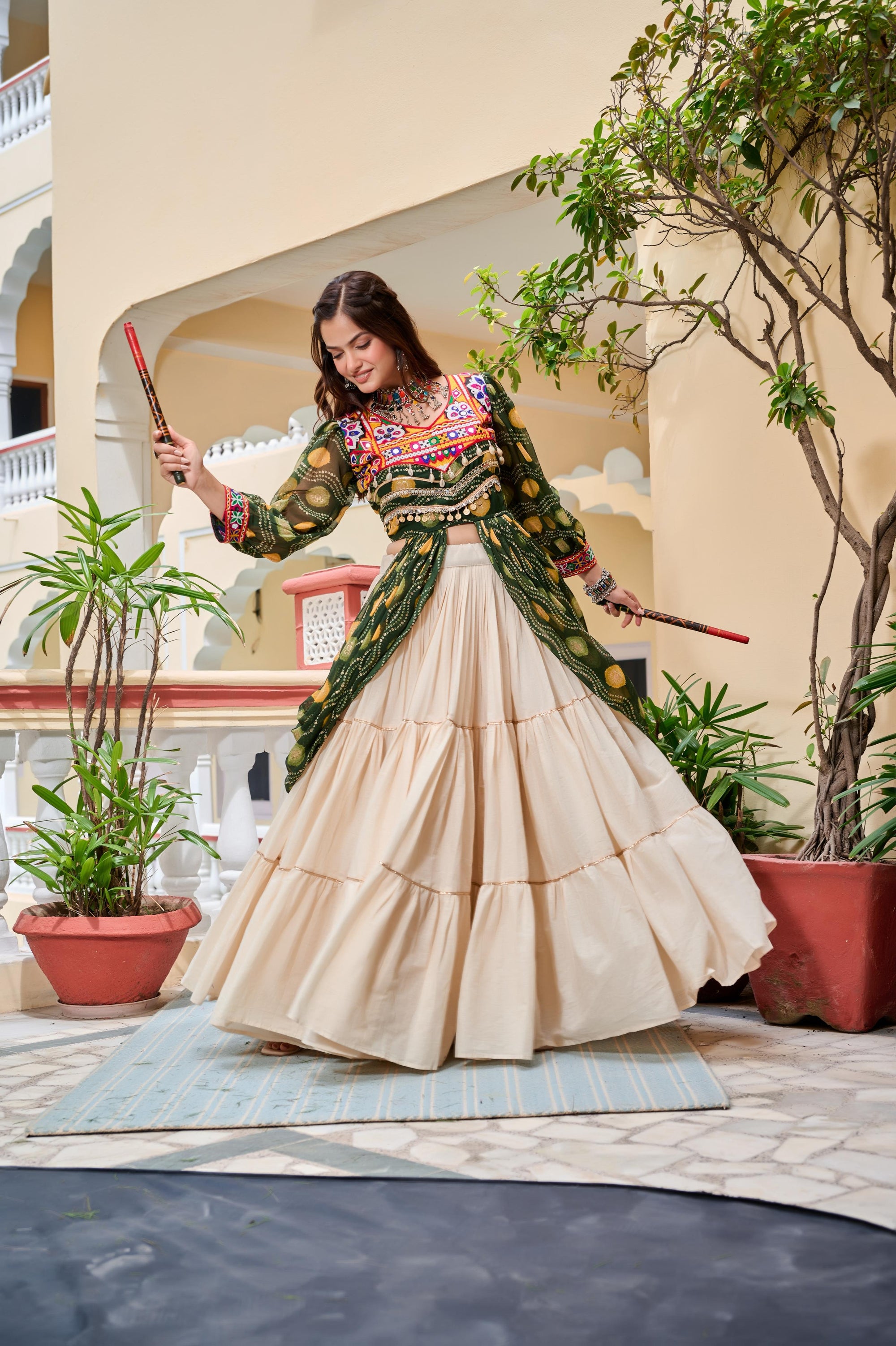 Green Navratri Lehenga With Fancy Top With Gamthi Patch and Mirror Lace