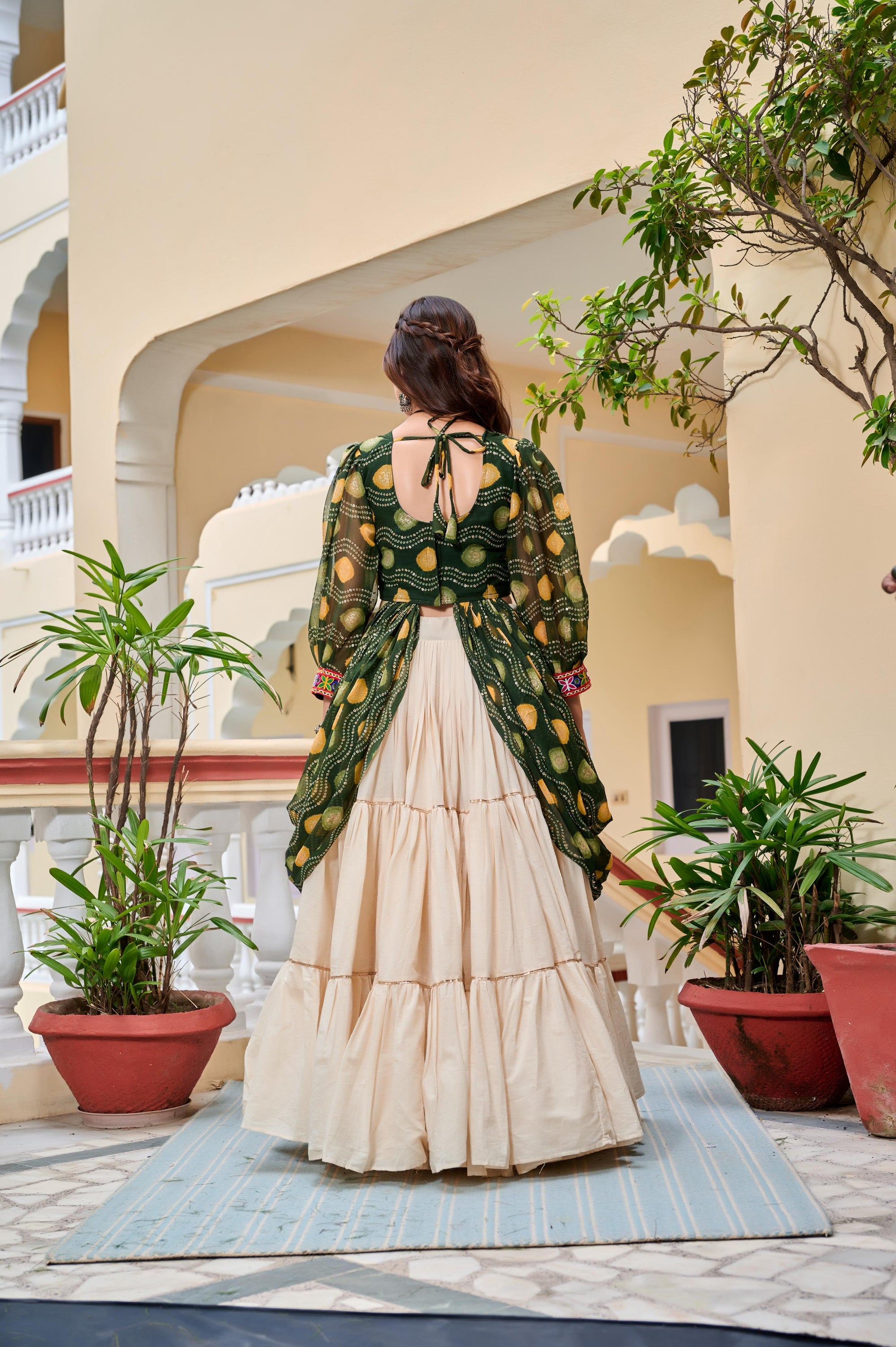 Green Navratri Lehenga With Fancy Top With Gamthi Patch and Mirror Lace