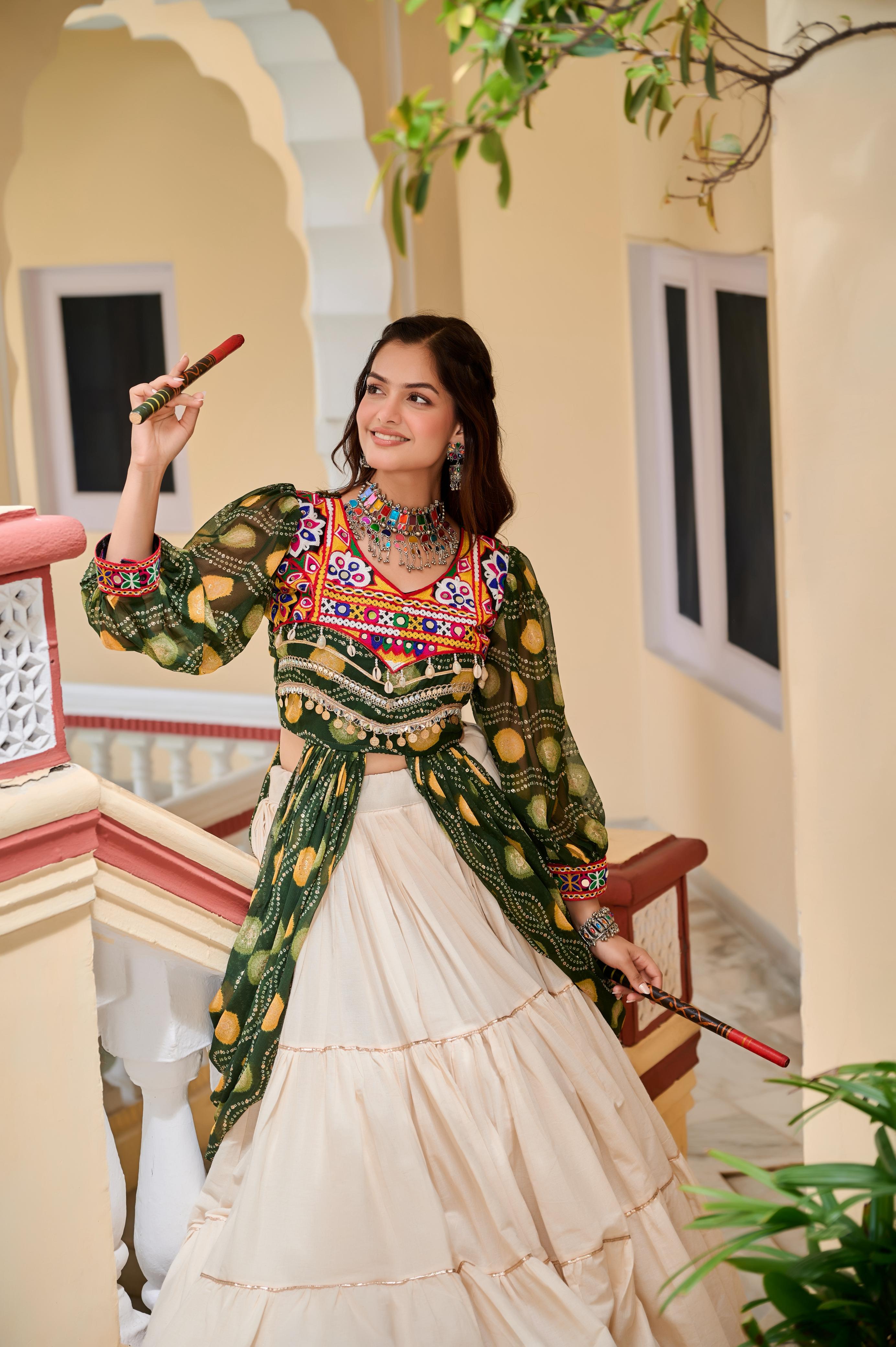 Green Navratri Lehenga With Fancy Top With Gamthi Patch and Mirror Lace