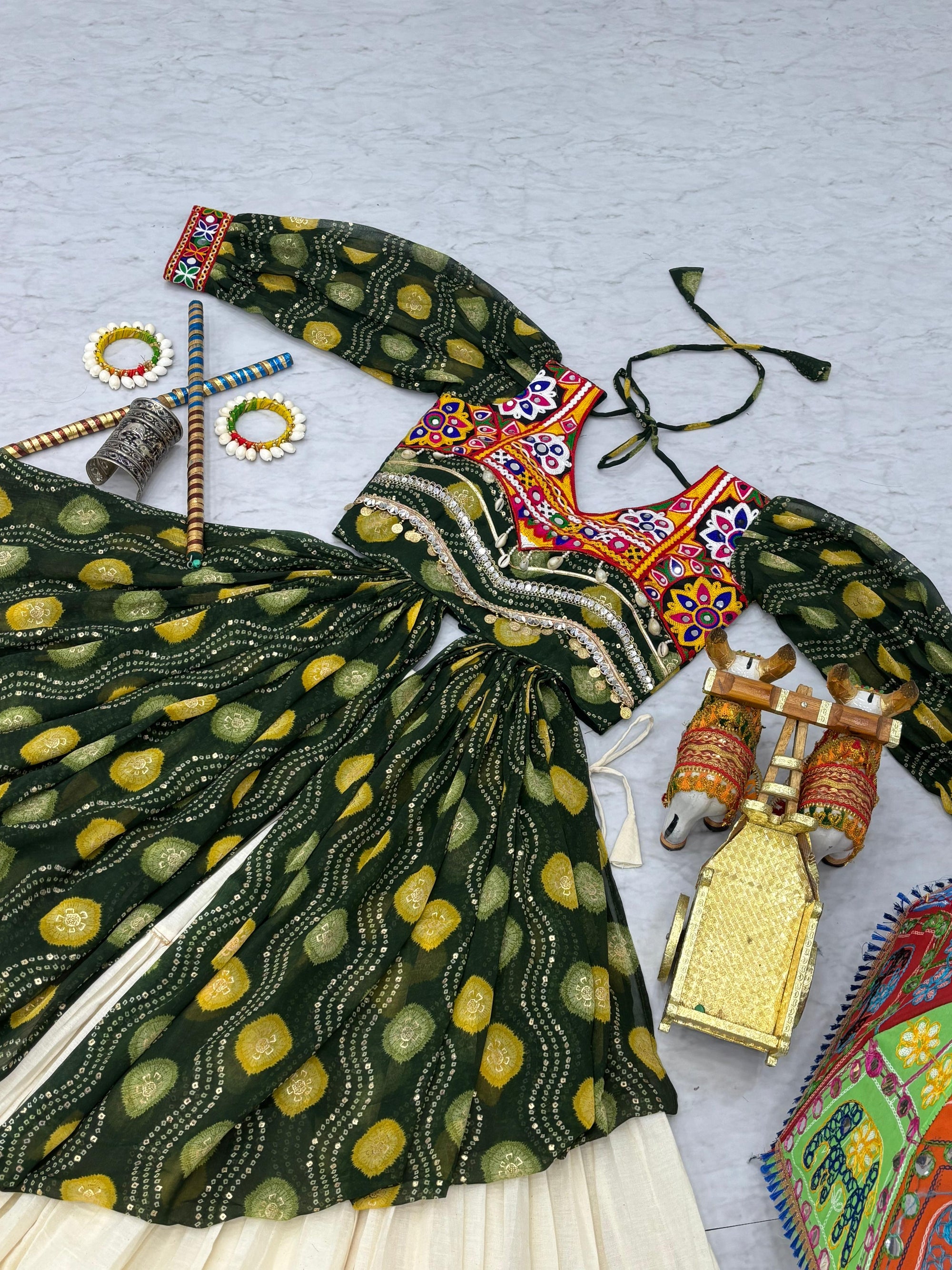 Green Navratri Lehenga With Fancy Top With Gamthi Patch and Mirror Lace