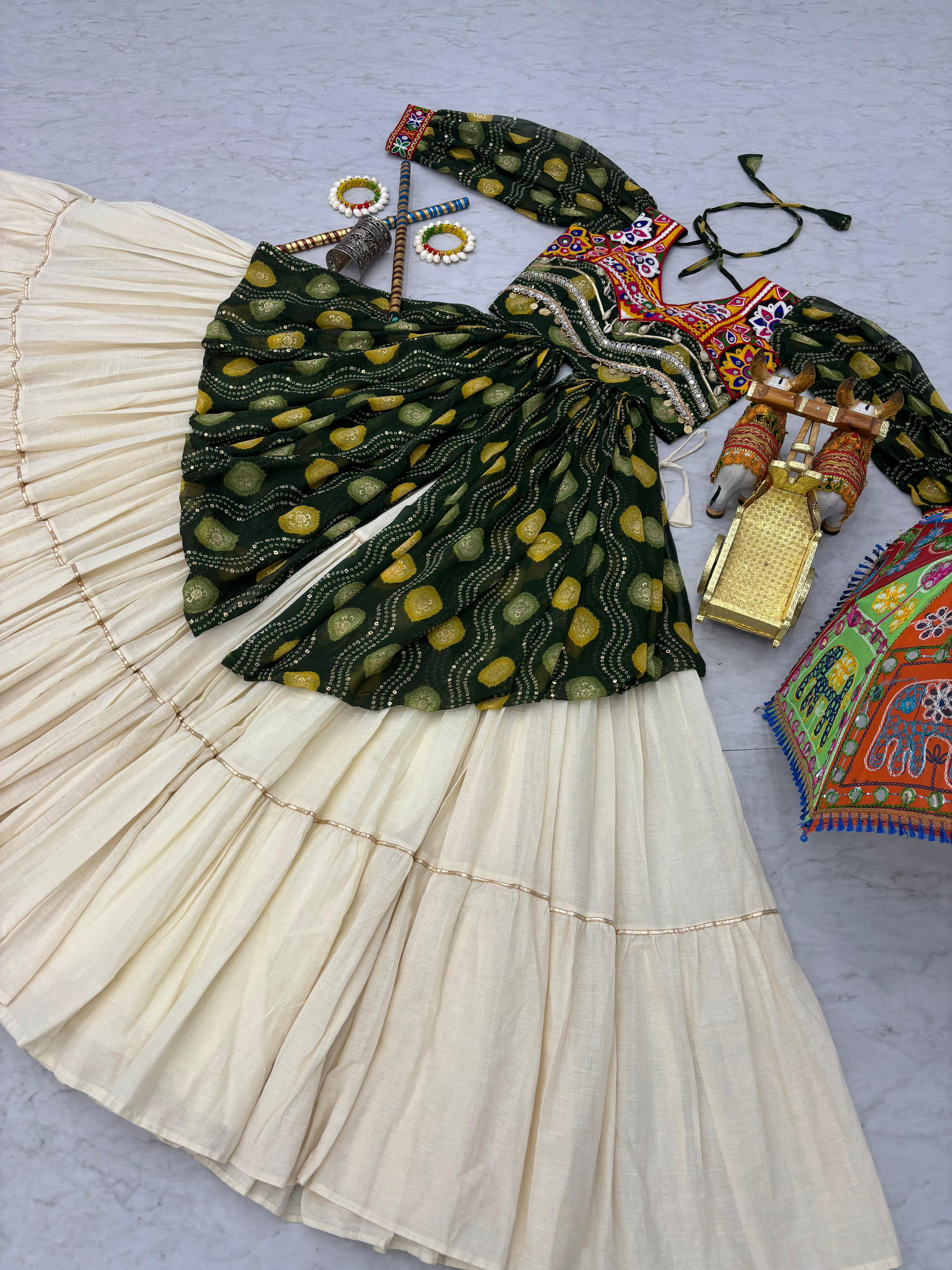 Green Navratri Lehenga With Fancy Top With Gamthi Patch and Mirror Lace