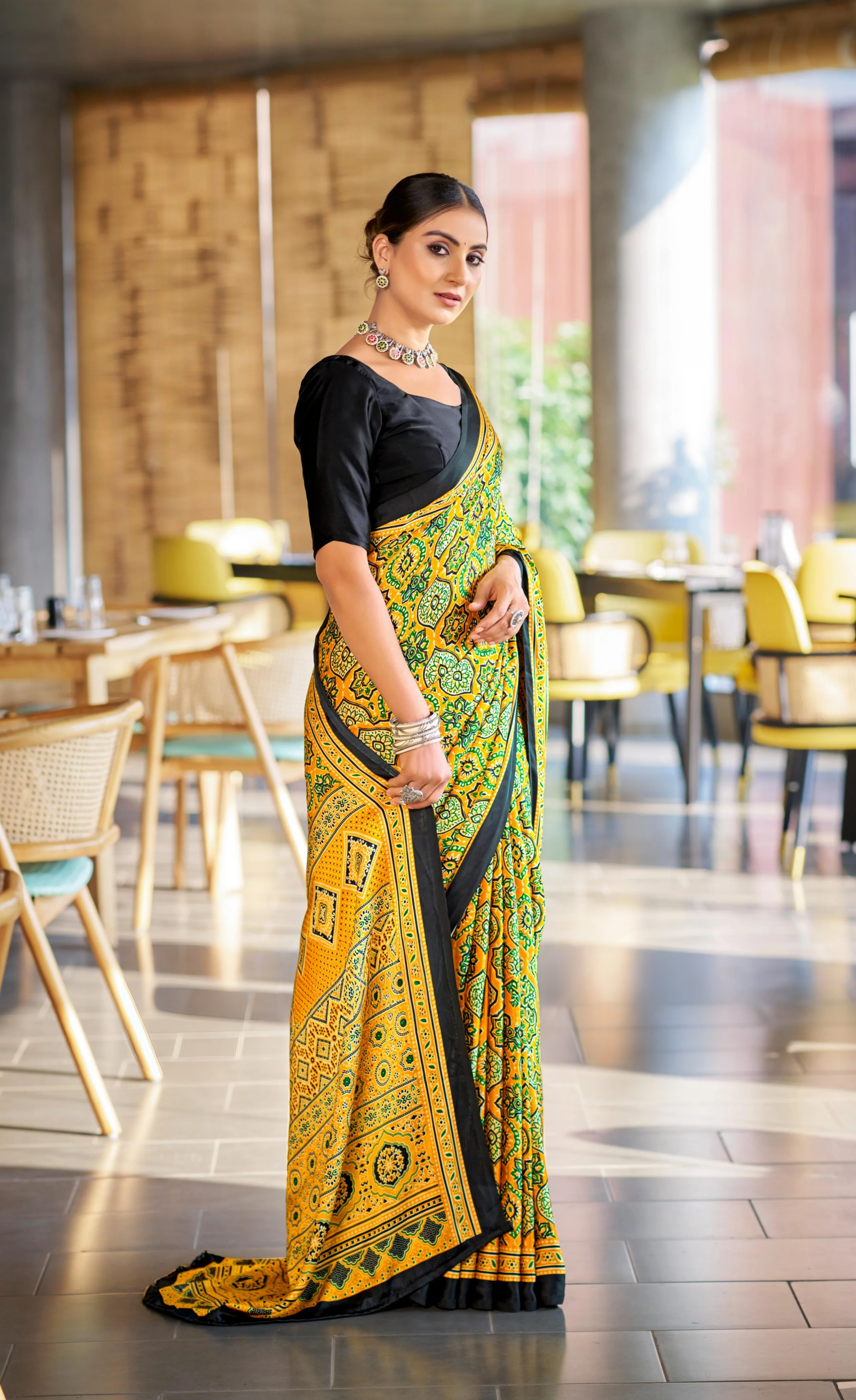 Brilliant Yellow Ajrakh Printed Soft Modal Silk Natural Print Saree P2