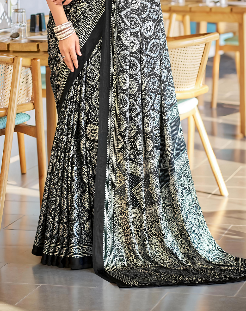 Vibrant Black Ajrakh Printed Soft Modal Silk Natural Print Saree P2