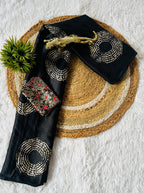 Beautiful Black Ajrakh Pure Gajji Silk Saree WIth Tasselk