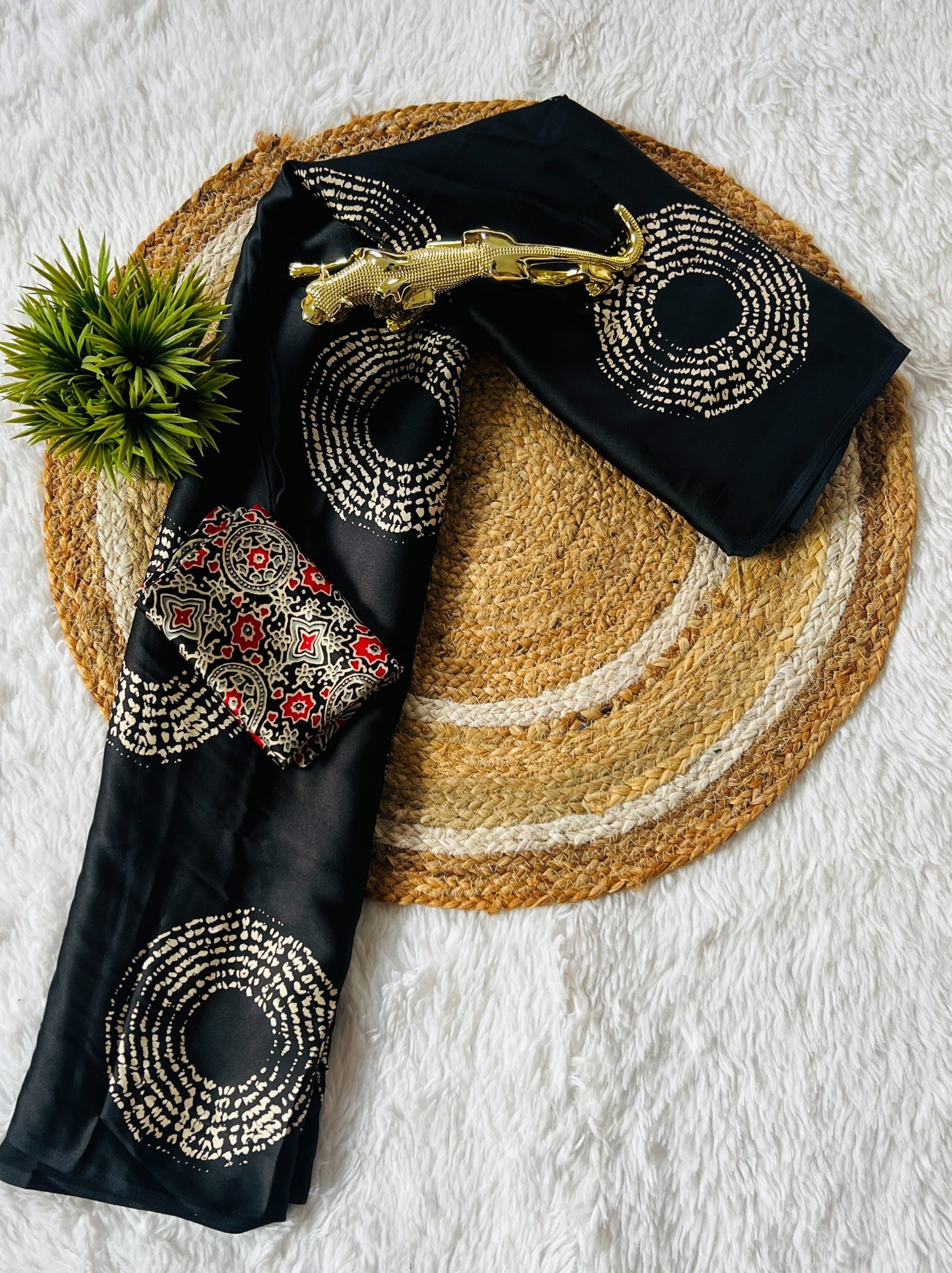 Beautiful Black Ajrakh Pure Gajji Silk Saree WIth Tasselk