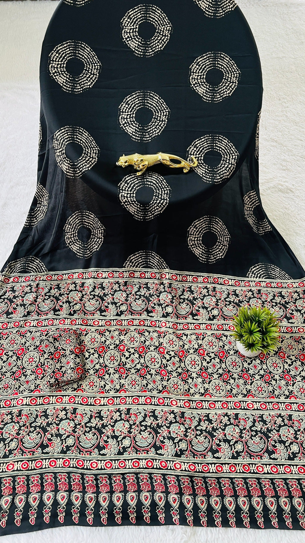 Beautiful Black Ajrakh Pure Gajji Silk Saree WIth Tasselk