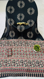 Beautiful Black Ajrakh Pure Gajji Silk Saree WIth Tasselk