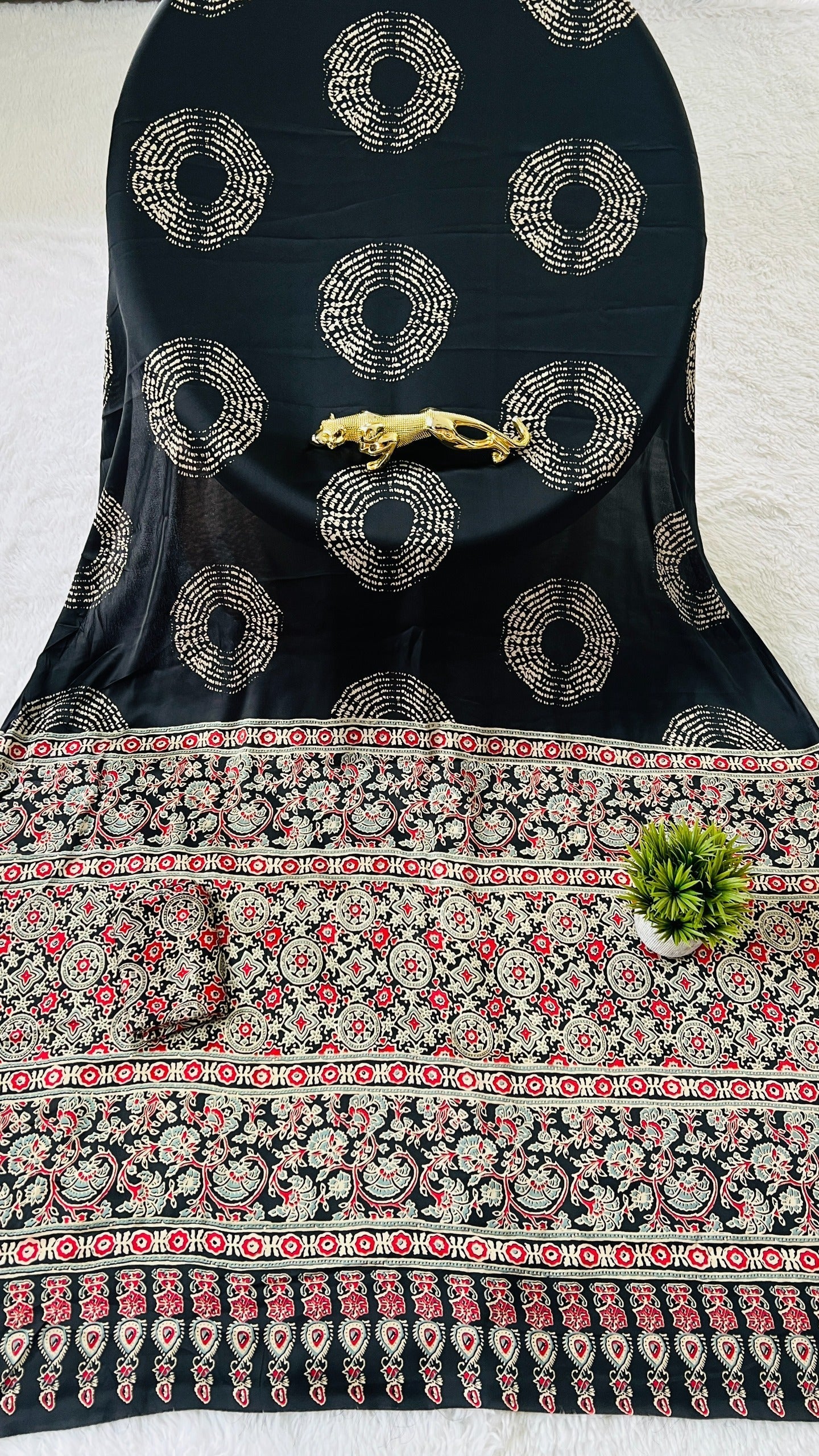 Beautiful Black Ajrakh Pure Gajji Silk Saree WIth Tasselk