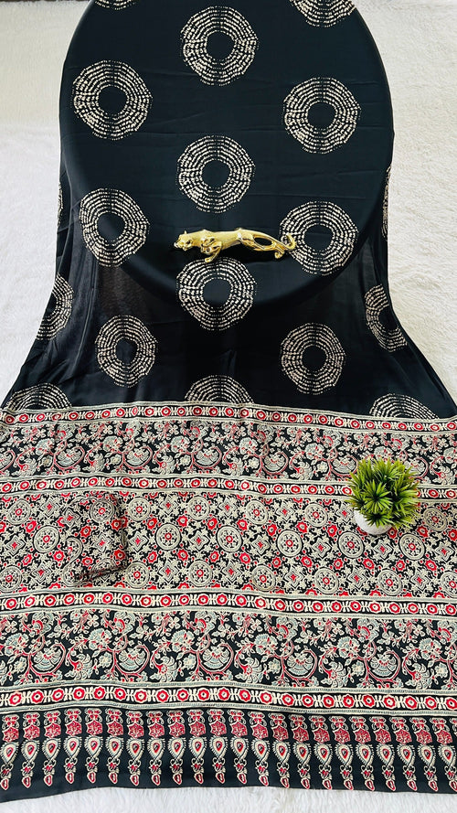 Beautiful Black Ajrakh Pure Gajji Silk Saree WIth Tasselk