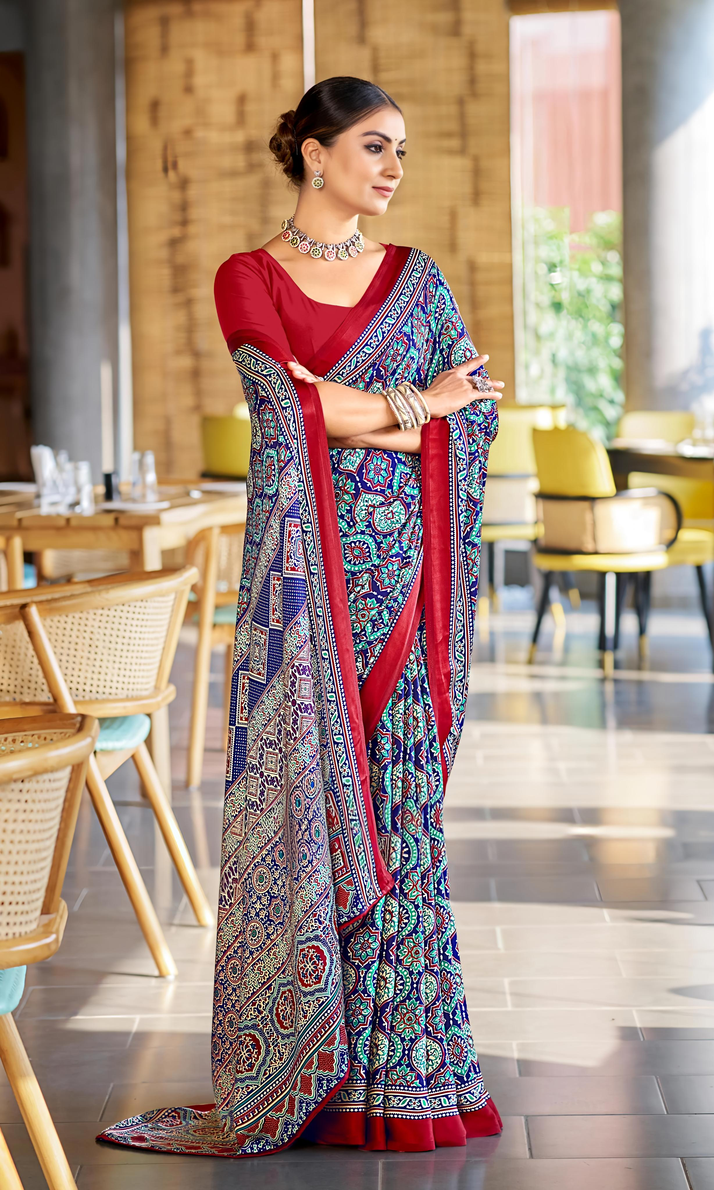 Vivid Blue Ajrakh Printed Soft Modal Silk Natural Print Saree