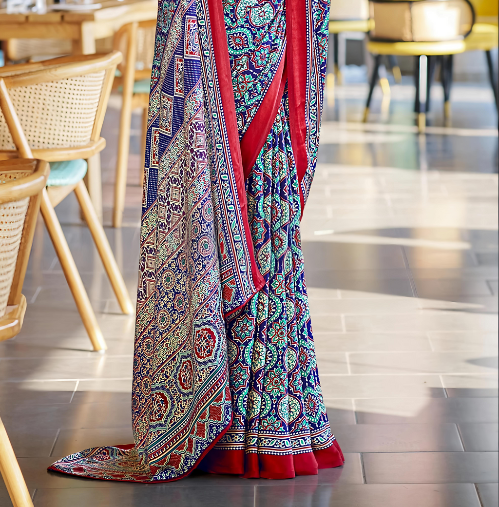 Vivid Blue Ajrakh Printed Soft Modal Silk Natural Print Saree