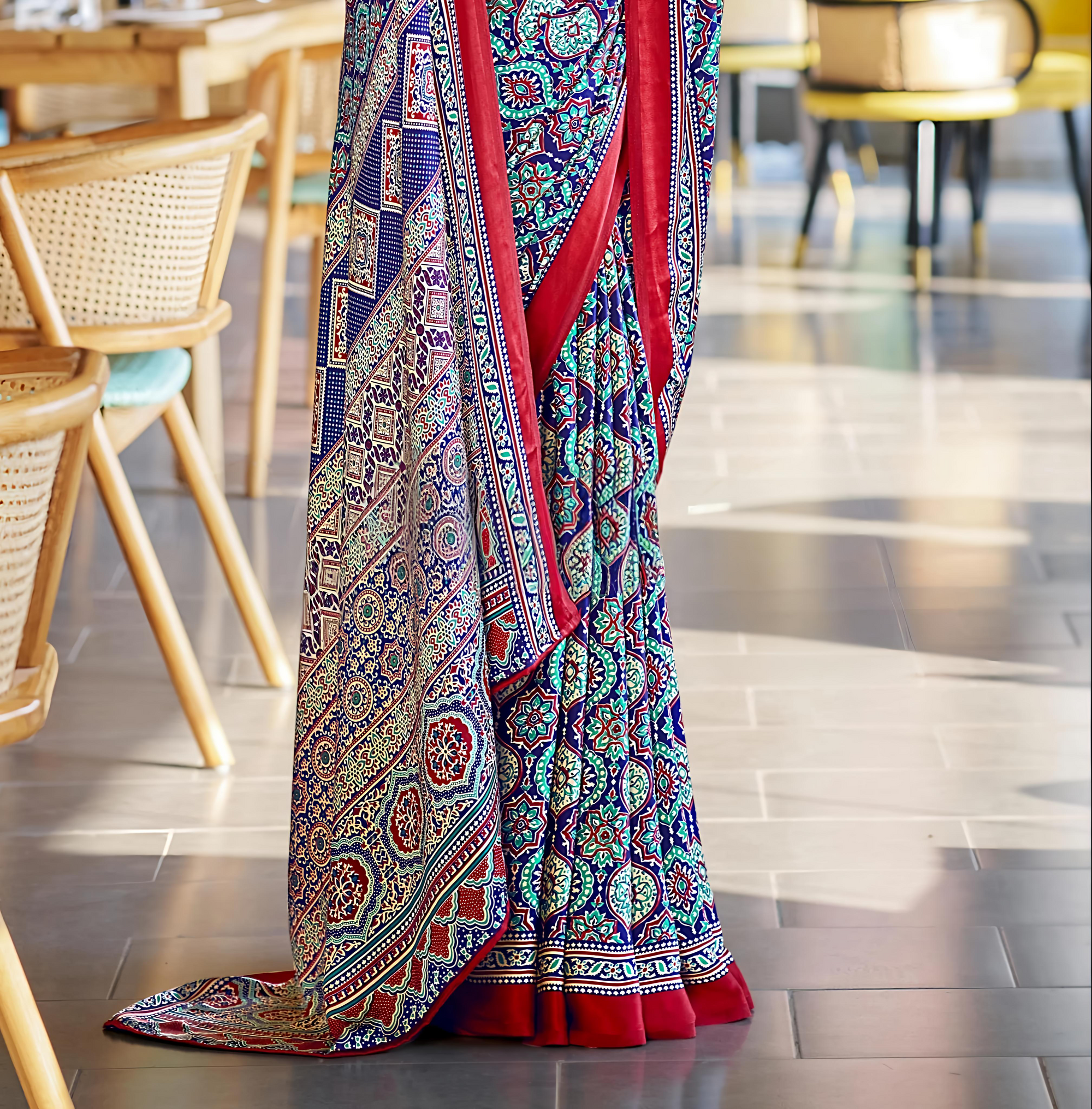 Vivid Blue Ajrakh Printed Soft Modal Silk Natural Print Saree