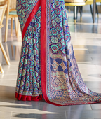 Vivid Blue Ajrakh Printed Soft Modal Silk Natural Print Saree