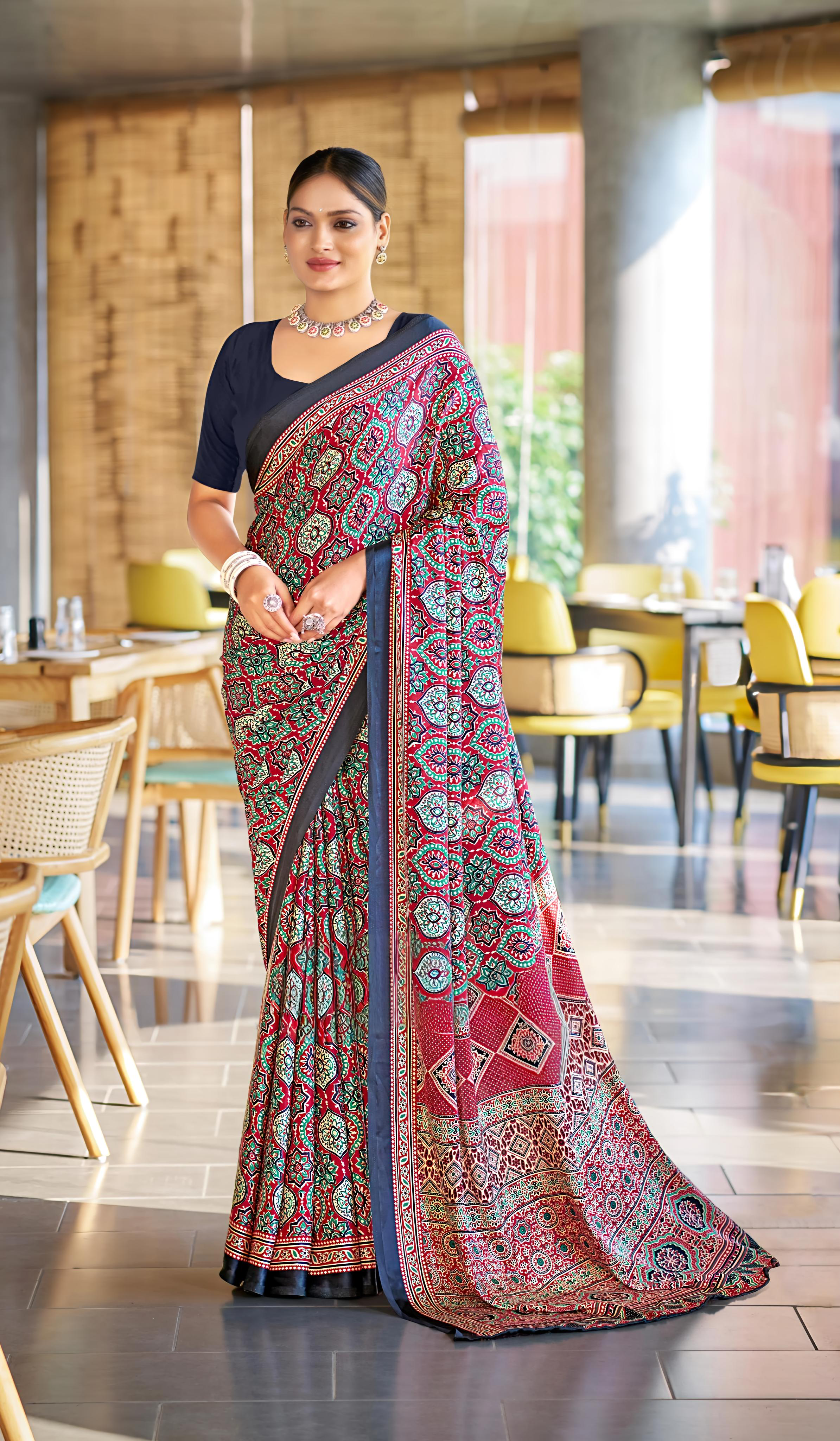 Luxurious Maroon Ajrakh Printed Soft Modal Silk Natural Print Saree P2